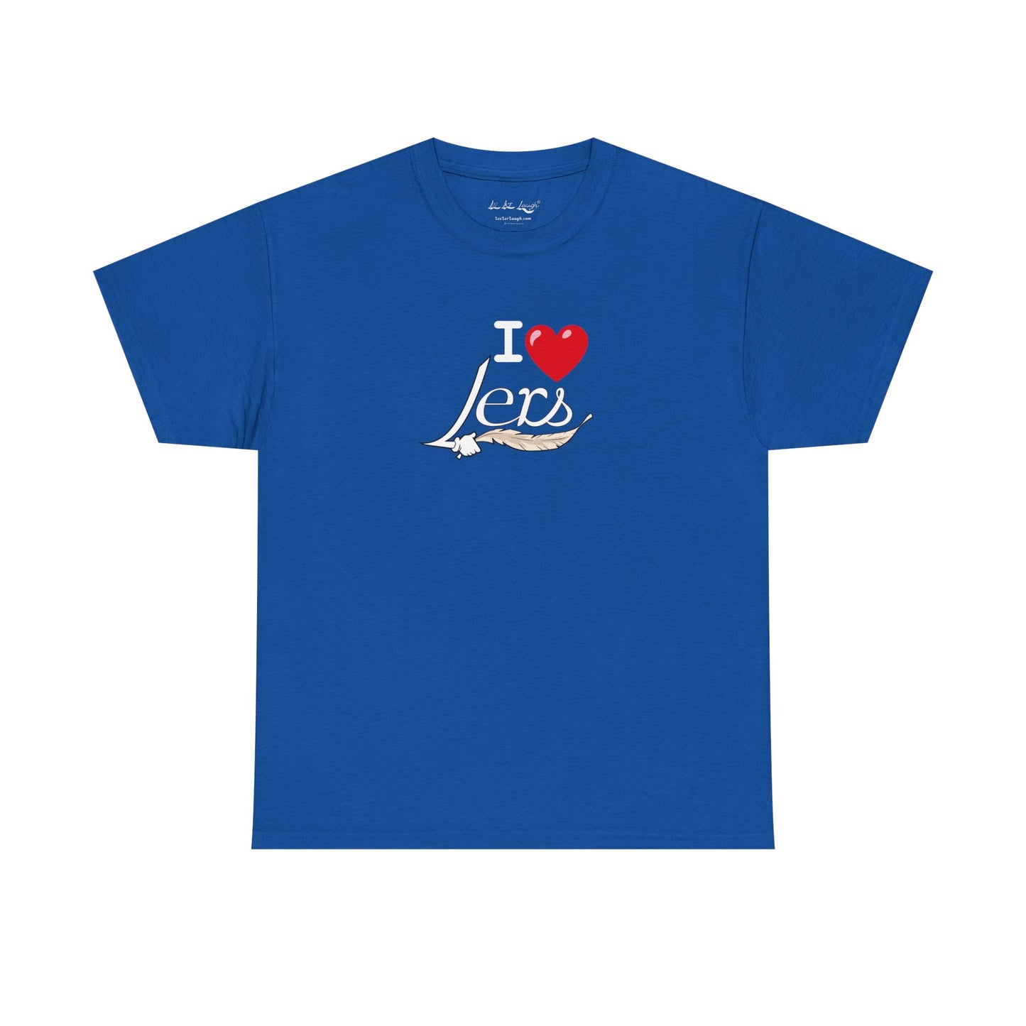 A royal blue men's women's unisex T-shirt featuring a minimalist design on the center chest area for people with a tickling fetish kink. The design includes the word "I Heart Lers" written in an elegant, flowing script, accented with a detailed feather quill. The T-shirt has a classic crew neck and short sleeves, offering a stylish and subtle look for people with a tickle kink.
