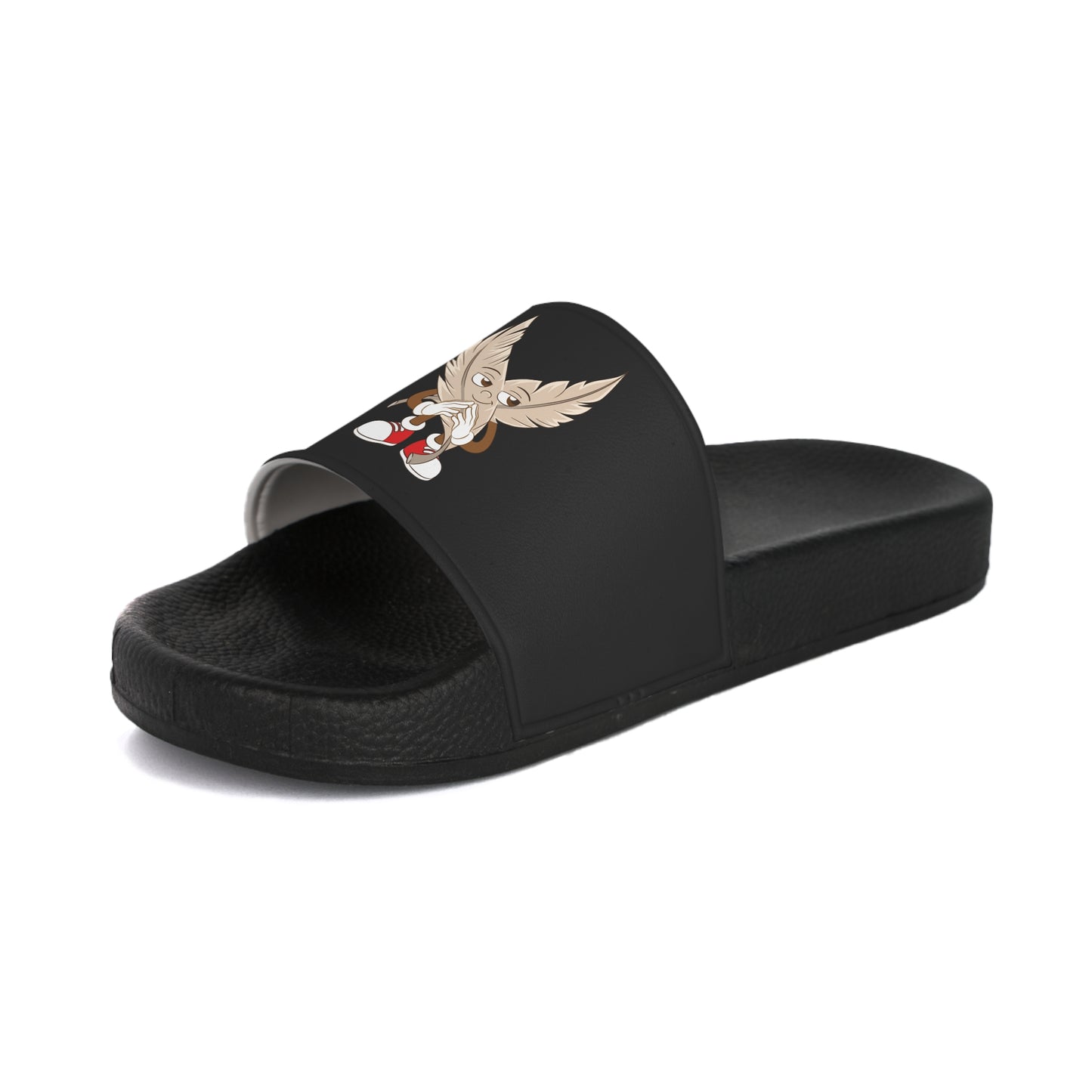 A pair of women's black slide sandals with unique tickle fetish designs on each strap. The left sandal features a stylized "I ❤️ Lers" text with a feather tickling quill incorporated into the design. The right sandal showcases an intricate emblem with kink feathers.