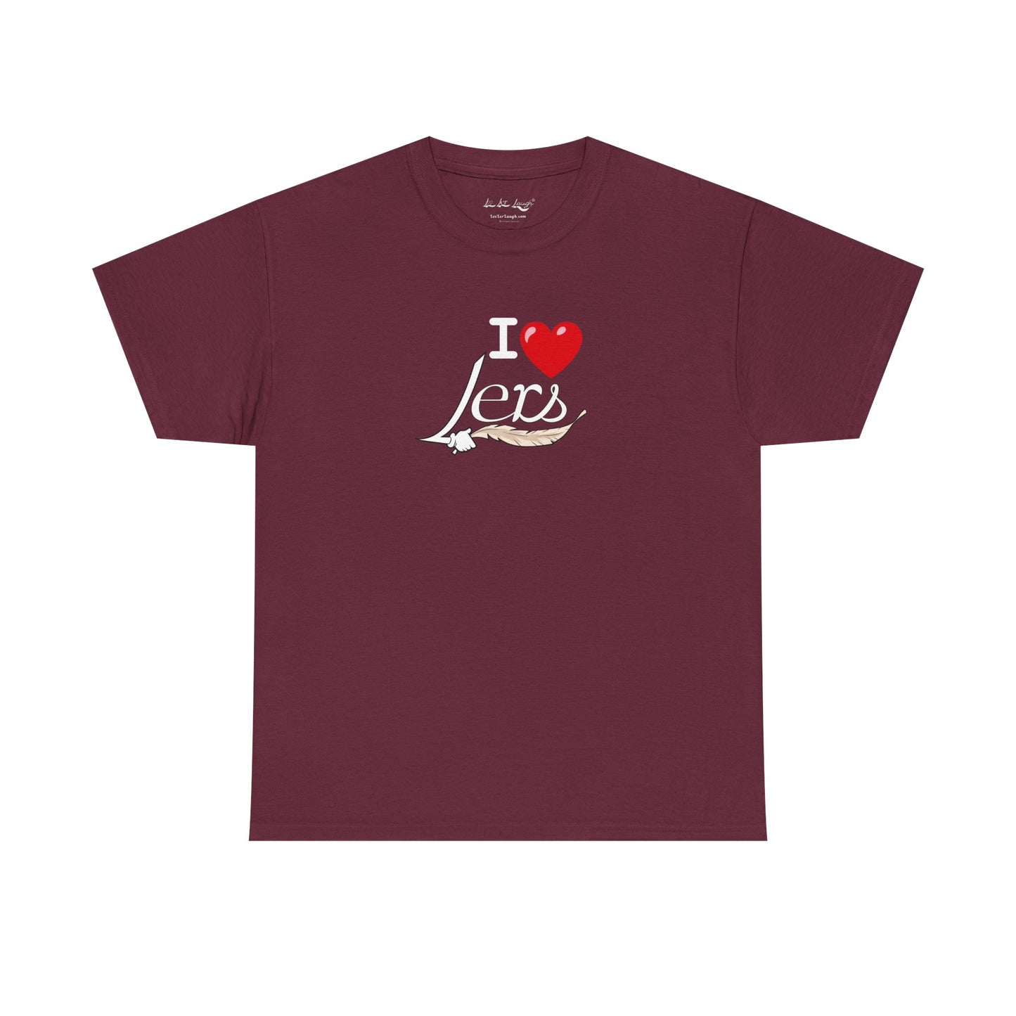 A maroon men's women's unisex T-shirt featuring a minimalist design on the center chest area for people with a tickling fetish kink. The design includes the word "I Heart Lers" written in an elegant, flowing script, accented with a detailed feather quill. The T-shirt has a classic crew neck and short sleeves, offering a stylish and subtle look for people with a tickle kink.