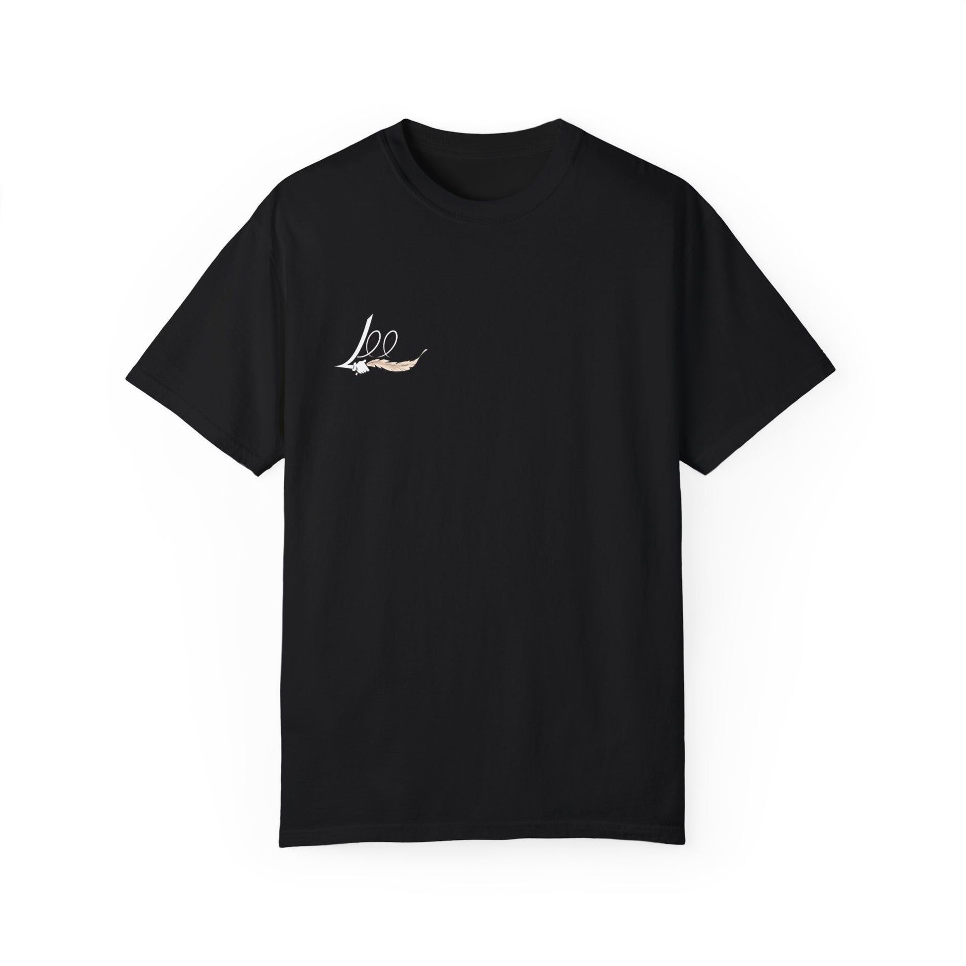 A black men's women's unisex T-shirt featuring a minimalist design on the upper left chest area for people with a tickling fetish kink. The design includes the word "Lee" written in an elegant, flowing script, accented with a detailed feather quill. The T-shirt has a classic crew neck and short sleeves, offering a stylish and subtle look.