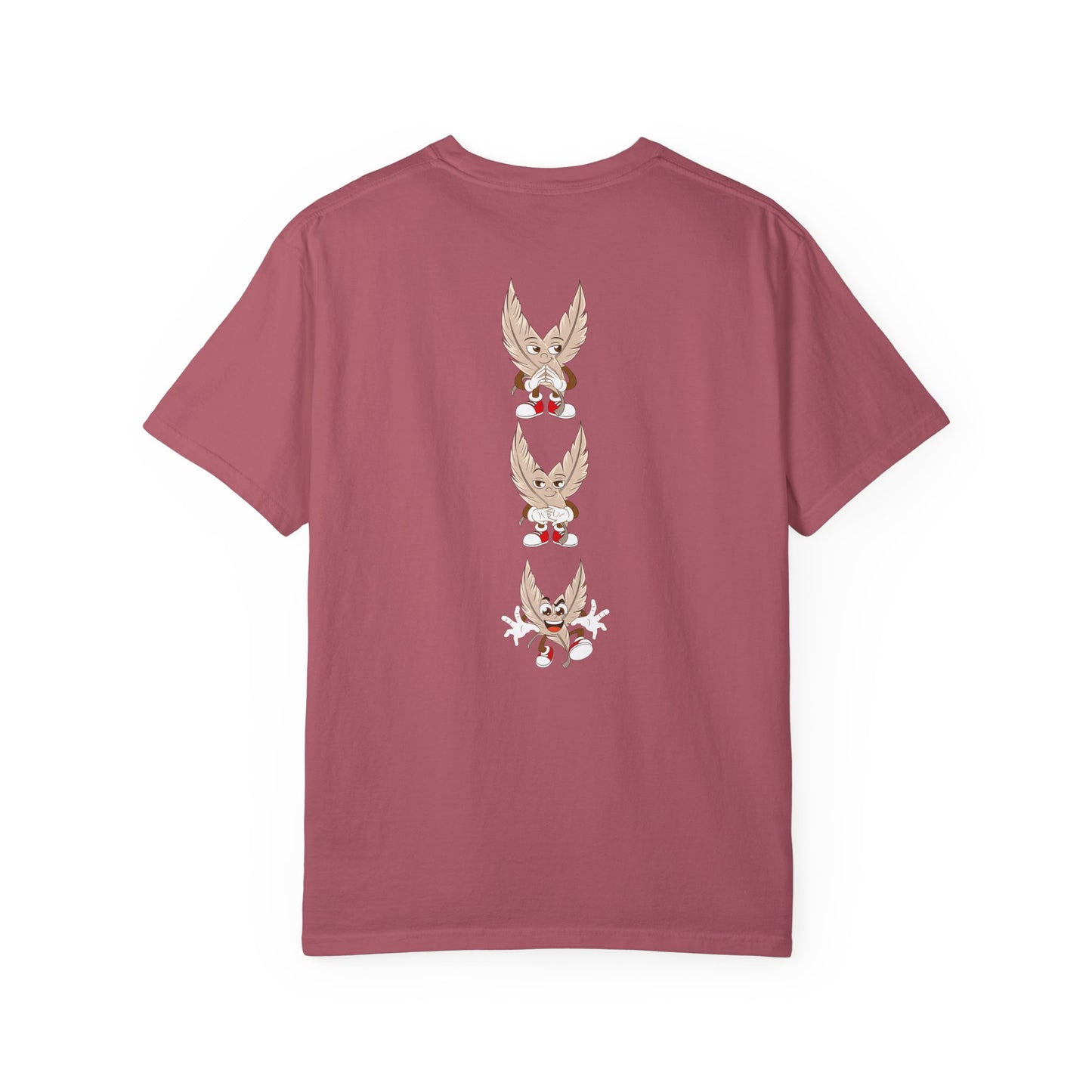 A faded red T-shirt featuring a vertical design on the back with three identical anime tickle fetish kink cartoon characters stacked on top of each other. The characters have large feathered wings, expressive faces, and wear red sneakers. Each character displays a different playful expression or pose, adding a dynamic and fun element to the design. The T-shirt has a classic crew neck and short sleeves, offering a stylish and comfortable look for those who enjoy tickling.