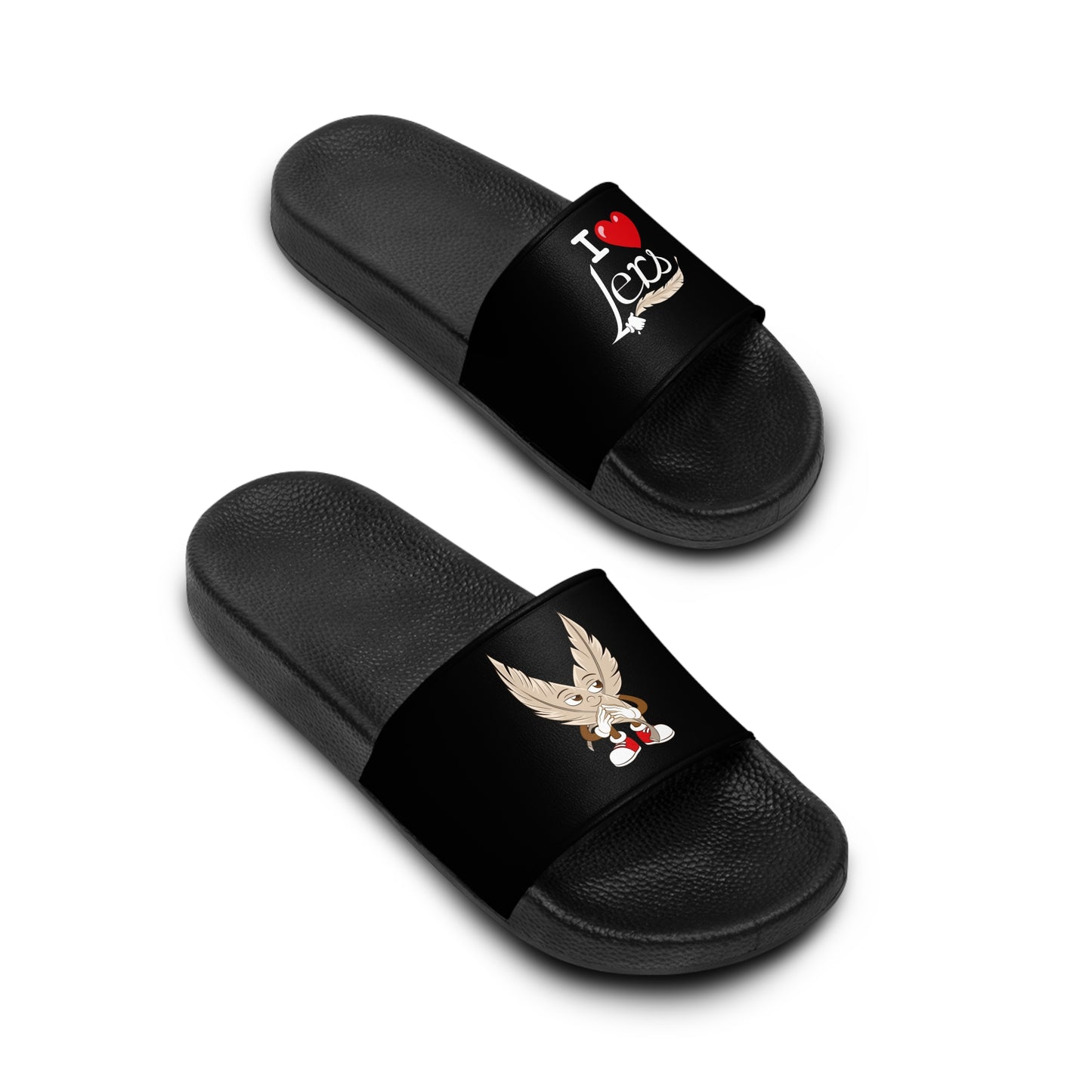 A pair of women's black slide sandals with unique tickle fetish designs on each strap. The left sandal features a stylized "I ❤️ Lers" text with a feather tickling quill incorporated into the design. The right sandal showcases an intricate emblem with kink feathers.