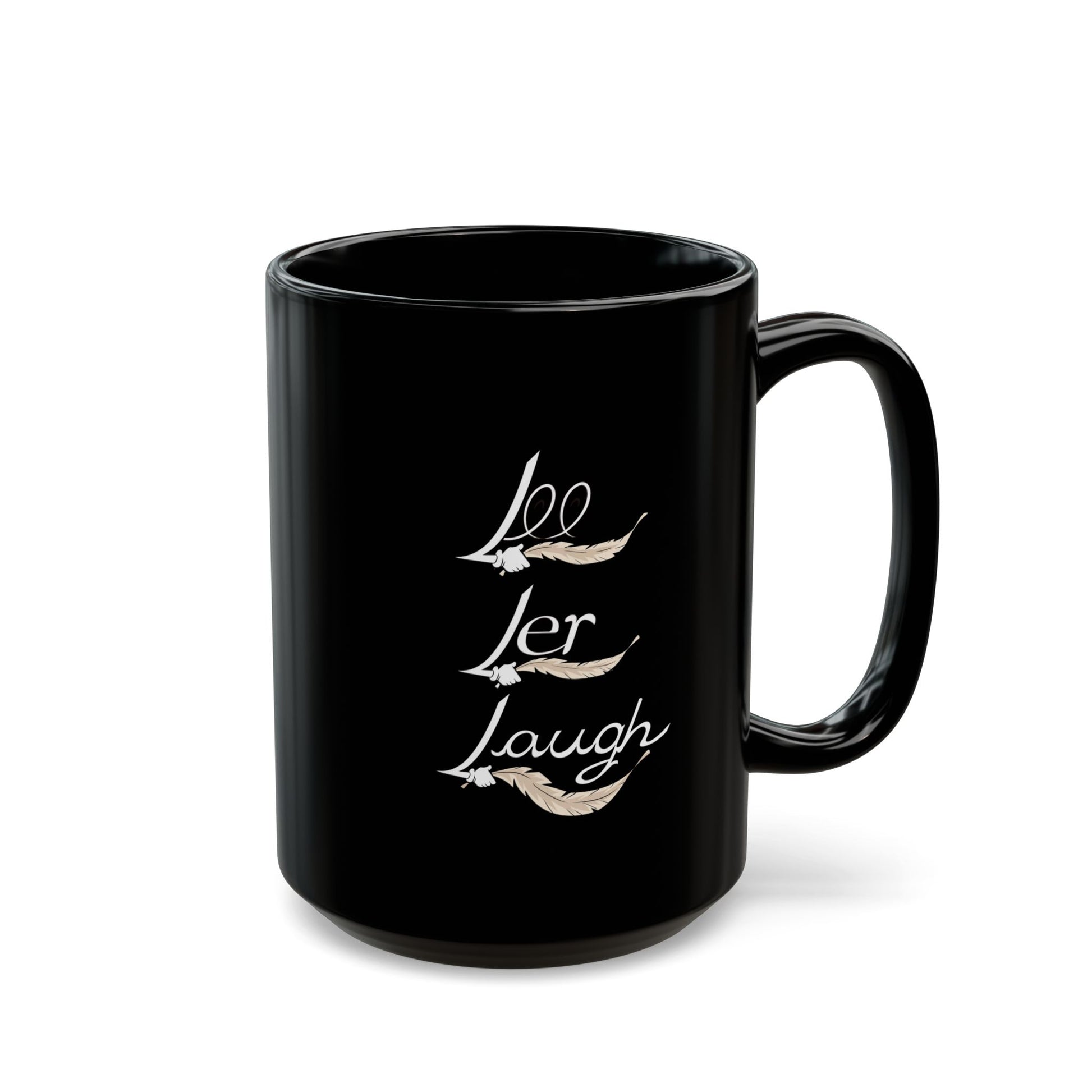 A pair of black ceramic mugs with unique designs on each side. One mug features a tickle fetish cartoon character with large tickling feathered wings, wearing red sneakers and holding a steaming cup of tea, with the words "T-Time" above it. The other mug showcases the phrase "Lee Ler Laugh" written. The mugs have a glossy finish and a sturdy handle, giving them a sleek and stylish appearance for tickling kink.