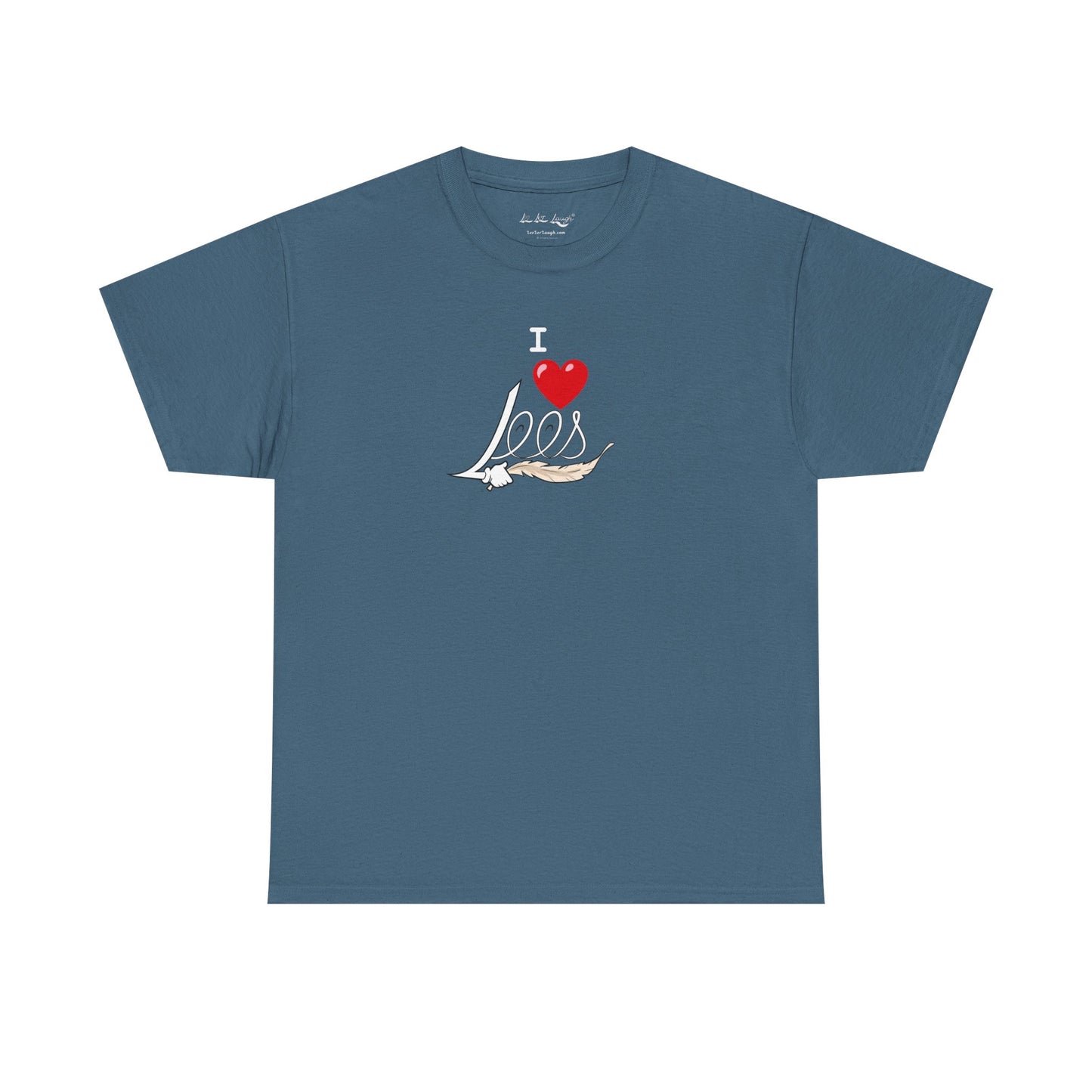 A light blue men's women's unisex T-shirt featuring a minimalist design on the center chest area for people with a tickling fetish kink. The design includes the word "I Heart Lees" written in an elegant, flowing script, accented with a detailed feather quill. The T-shirt has a classic crew neck and short sleeves, offering a stylish and subtle look for people with a tickle kink.