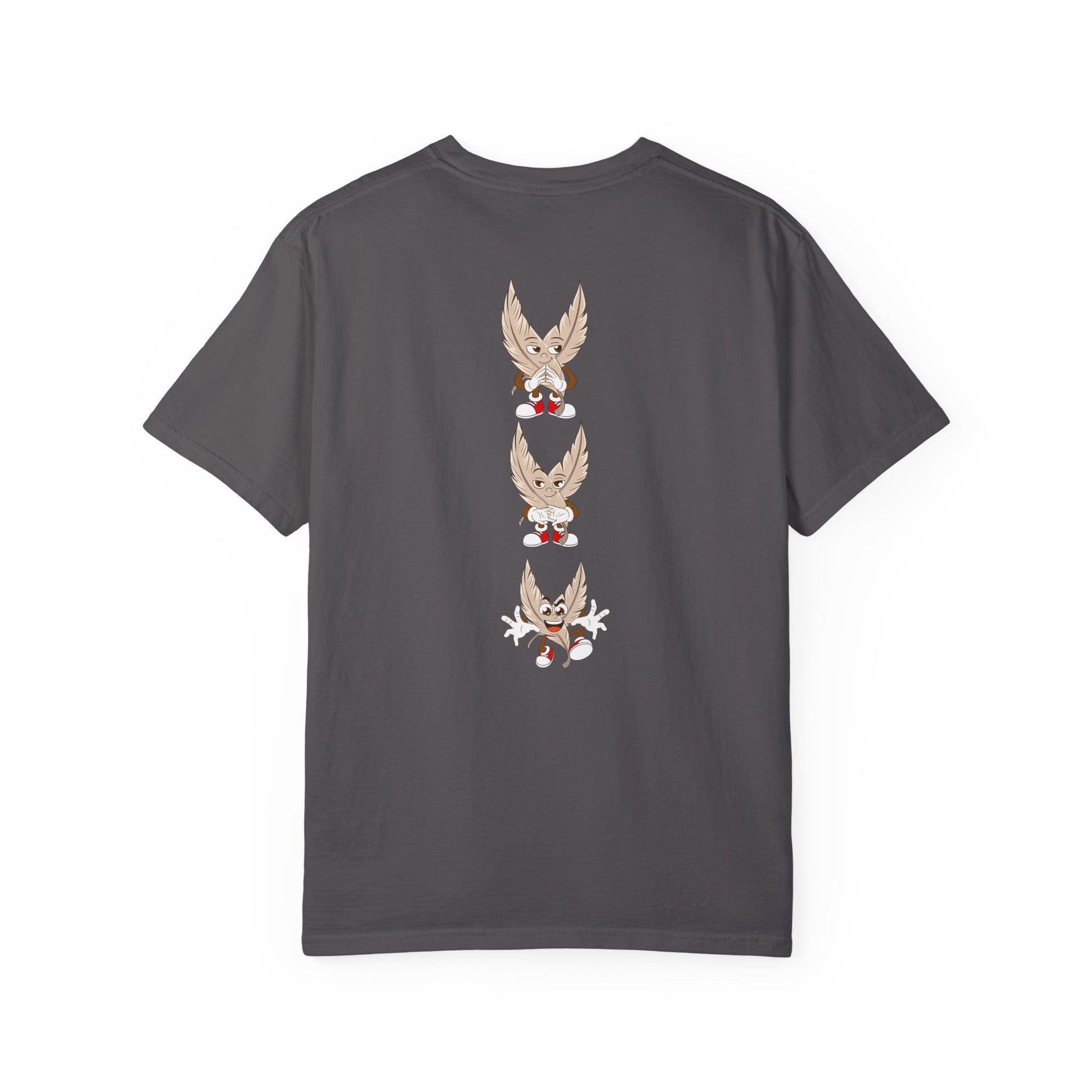 A gray T-shirt featuring a vertical design on the back with three identical anime tickle fetish kink cartoon characters stacked on top of each other. The characters have large feathered wings, expressive faces, and wear red sneakers. Each character displays a different playful expression or pose, adding a dynamic and fun element to the design. The T-shirt has a classic crew neck and short sleeves, offering a stylish and comfortable look for those who enjoy tickling.