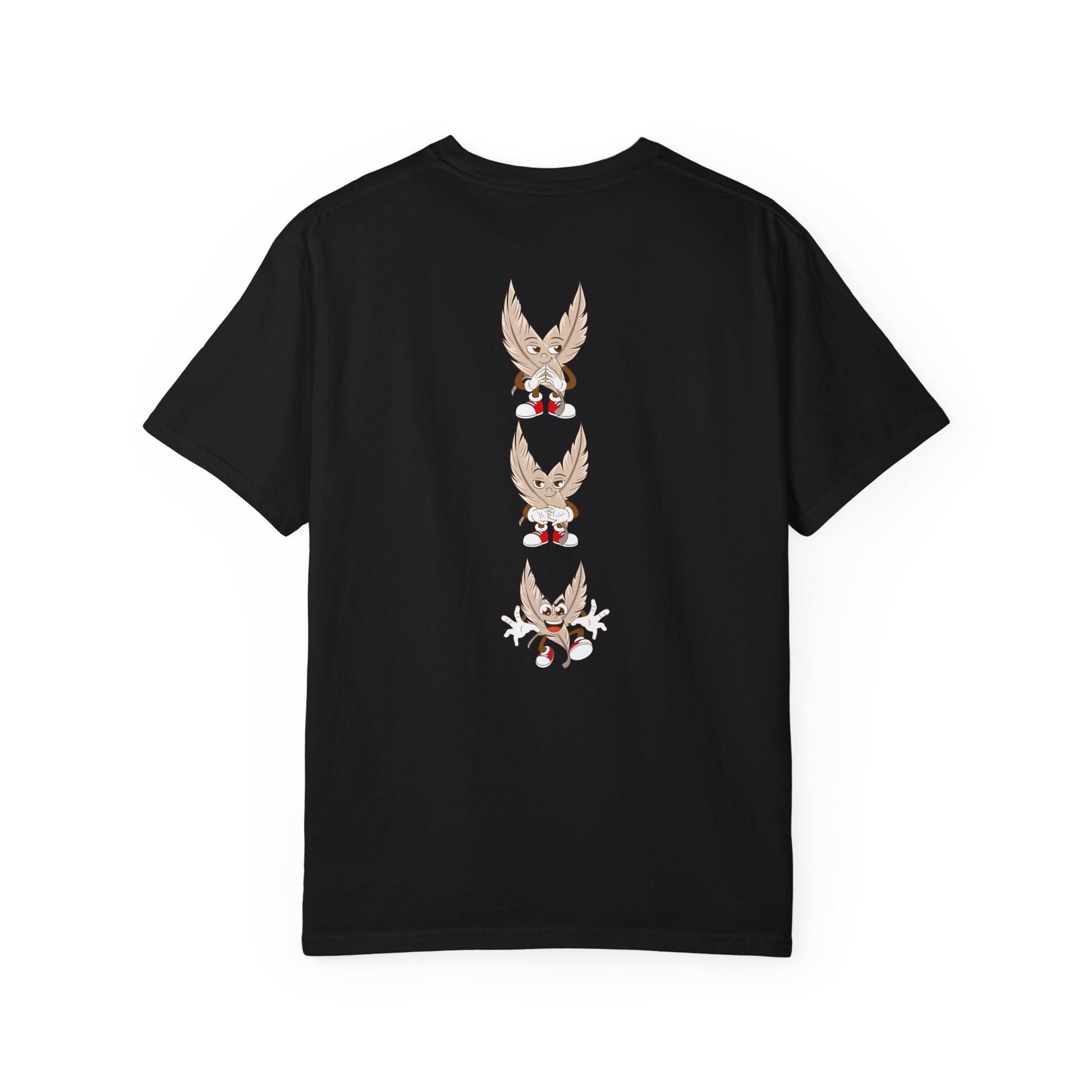 A black T-shirt featuring a vertical design on the back with three identical anime tickle fetish kink cartoon characters stacked on top of each other. The characters have large feathered wings, expressive faces, and wear red sneakers. Each character displays a different playful expression or pose, adding a dynamic and fun element to the design. The T-shirt has a classic crew neck and short sleeves, offering a stylish and comfortable look for those who enjoy tickling.