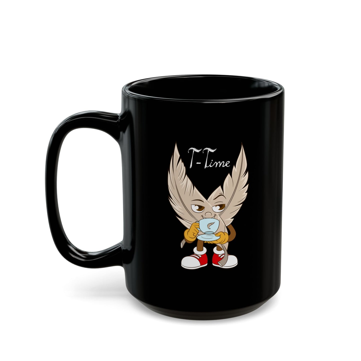 A pair of black ceramic mugs with unique designs on each side. One mug features a tickle fetish cartoon character with large tickling feathered wings, wearing red sneakers and holding a steaming cup of tea, with the words "T-Time" above it. The mugs have a glossy finish and a sturdy handle, giving them a sleek and stylish appearance for tickling kink.