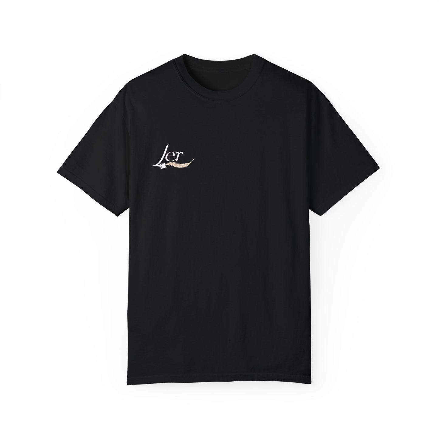 A black men's women's unisex T-shirt featuring a minimalist design on the upper left chest area for people with a tickling fetish kink. The design includes the word "Ler" written in an elegant, flowing script, accented with a detailed feather quill. The T-shirt has a classic crew neck and short sleeves, offering a stylish and subtle look for people who like to tickle.