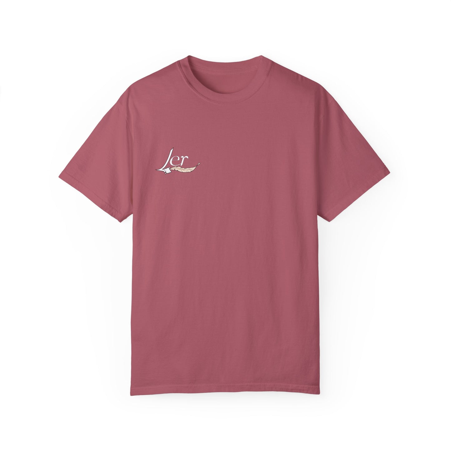 A crimson red men's women's unisex T-shirt featuring a minimalist design on the upper left chest area for people with a tickling fetish kink. The design includes the word "Ler" written in an elegant, flowing script, accented with a detailed feather quill. The T-shirt has a classic crew neck and short sleeves, offering a stylish and subtle look for people who like to tickle.