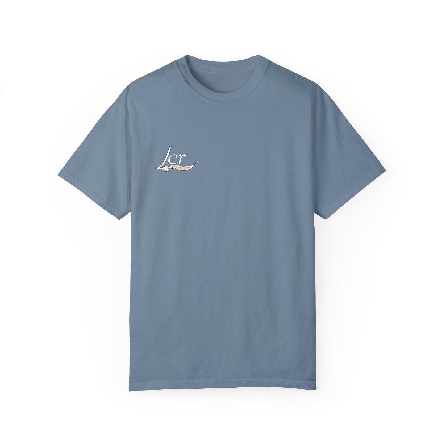 A blue men's women's unisex T-shirt featuring a minimalist design on the upper left chest area for people with a tickling fetish kink. The design includes the word "Ler" written in an elegant, flowing script, accented with a detailed feather quill. The T-shirt has a classic crew neck and short sleeves, offering a stylish and subtle look for people who like to tickle.