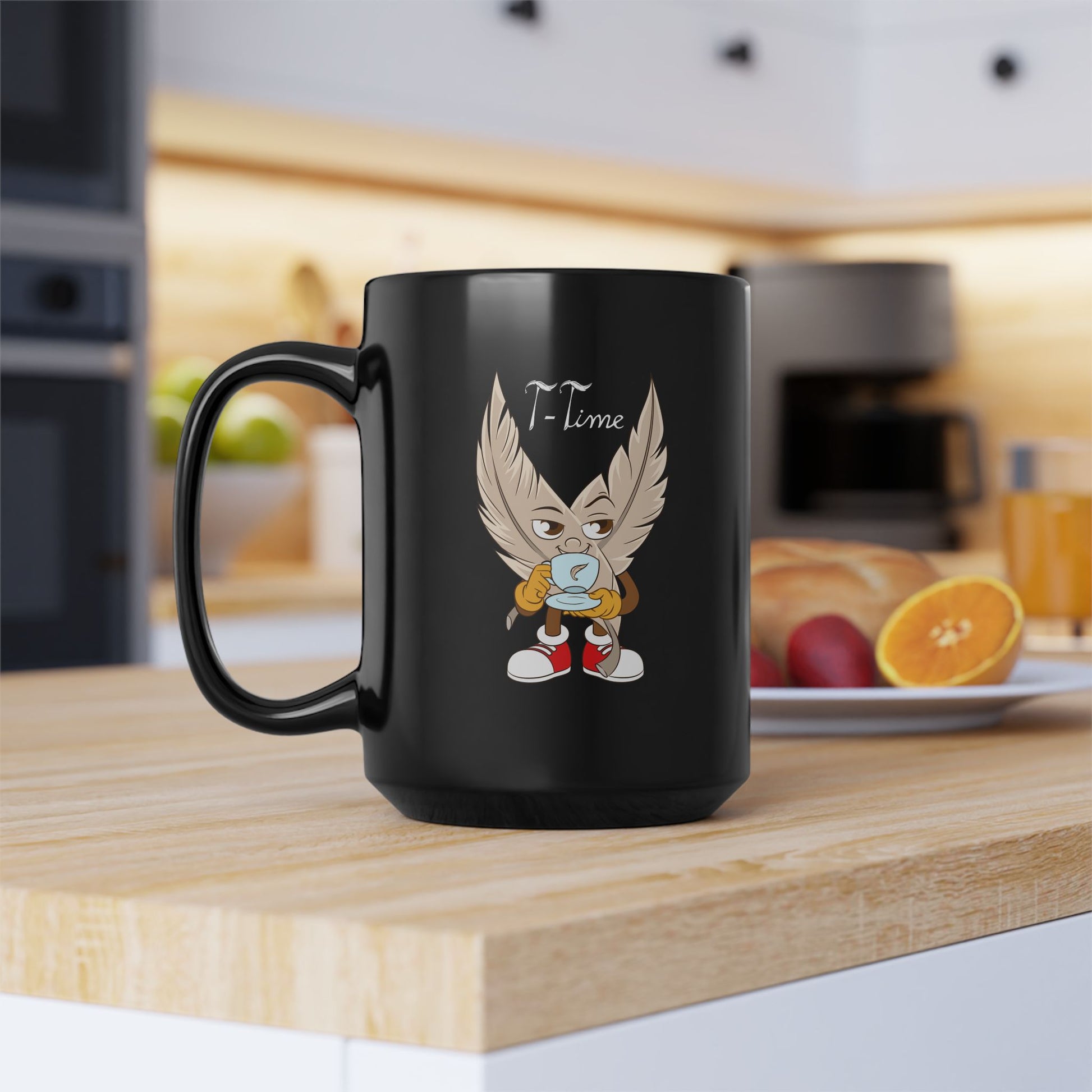 A pair of black ceramic mugs with unique designs on each side. One mug features a tickle fetish cartoon character with large tickling feathered wings, wearing red sneakers and holding a steaming cup of tea, with the words "T-Time" above it. The other mug showcases the phrase "Lee Ler Laugh" written. The mugs have a glossy finish and a sturdy handle, giving them a sleek and stylish appearance for tickling kink.