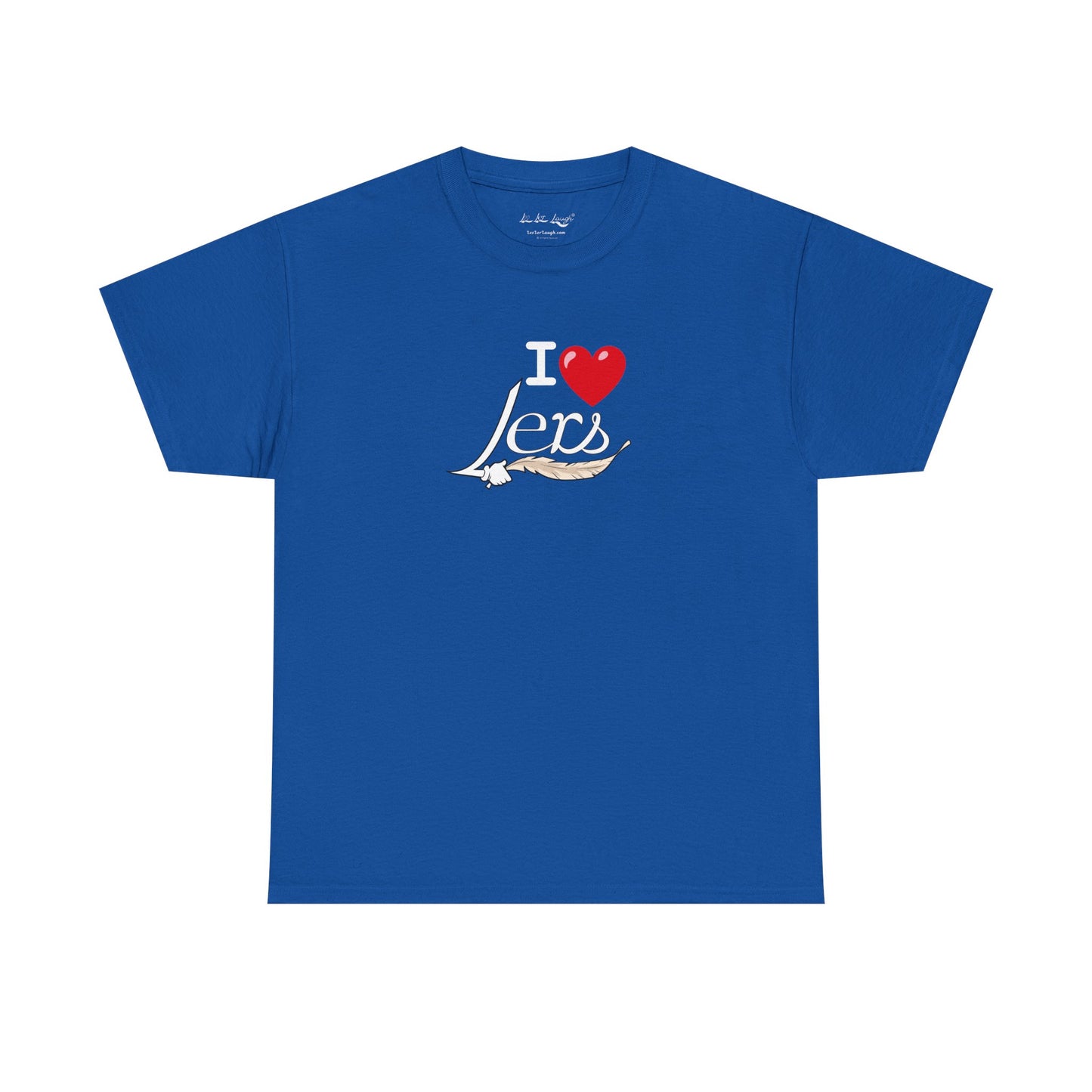 A royal blue men's women's unisex T-shirt featuring a minimalist design on the center chest area for people with a tickling fetish kink. The design includes the word "I Heart Lers" written in an elegant, flowing script, accented with a detailed feather quill. The T-shirt has a classic crew neck and short sleeves, offering a stylish and subtle look for people with a tickle kink.