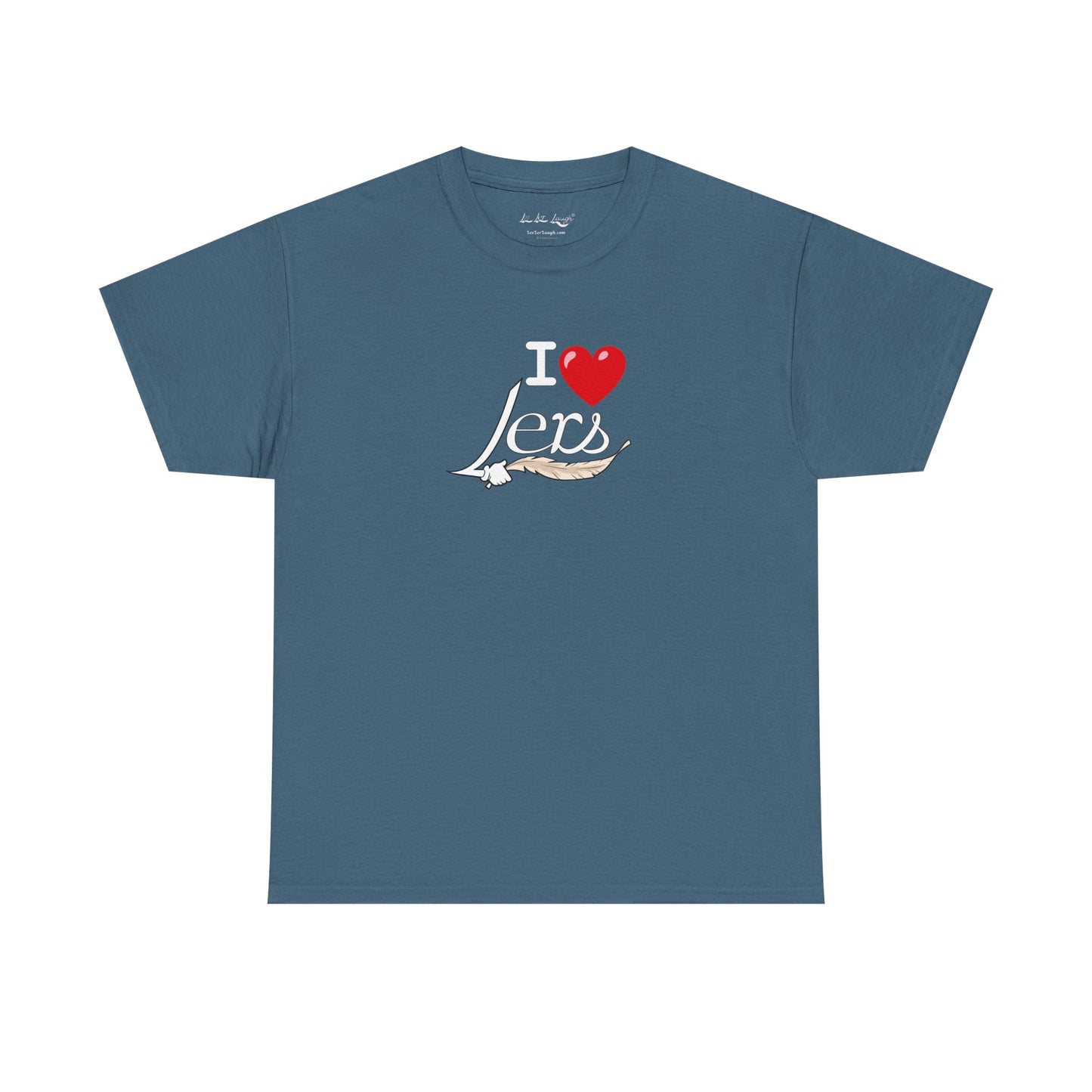 A blue men's women's unisex T-shirt featuring a minimalist design on the center chest area for people with a tickling fetish kink. The design includes the word "I Heart Lers" written in an elegant, flowing script, accented with a detailed feather quill. The T-shirt has a classic crew neck and short sleeves, offering a stylish and subtle look for people with a tickle kink.