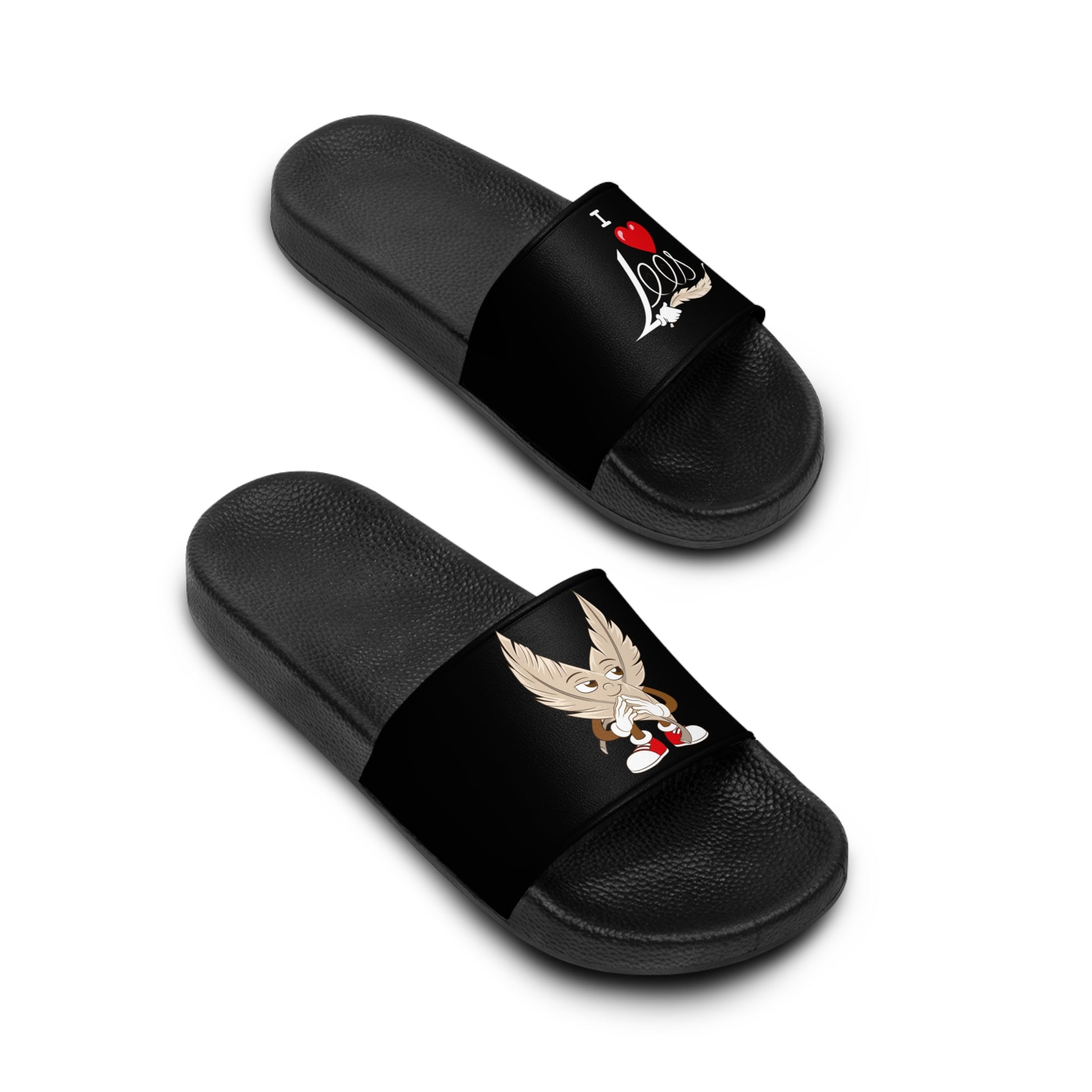 A pair of men's black slide sandals with unique tickle fetish designs on each strap. The left sandal features a stylized "I ❤️ Lers" text with a feather tickling quill incorporated into the design. The right sandal showcases an intricate emblem with kink feathers.