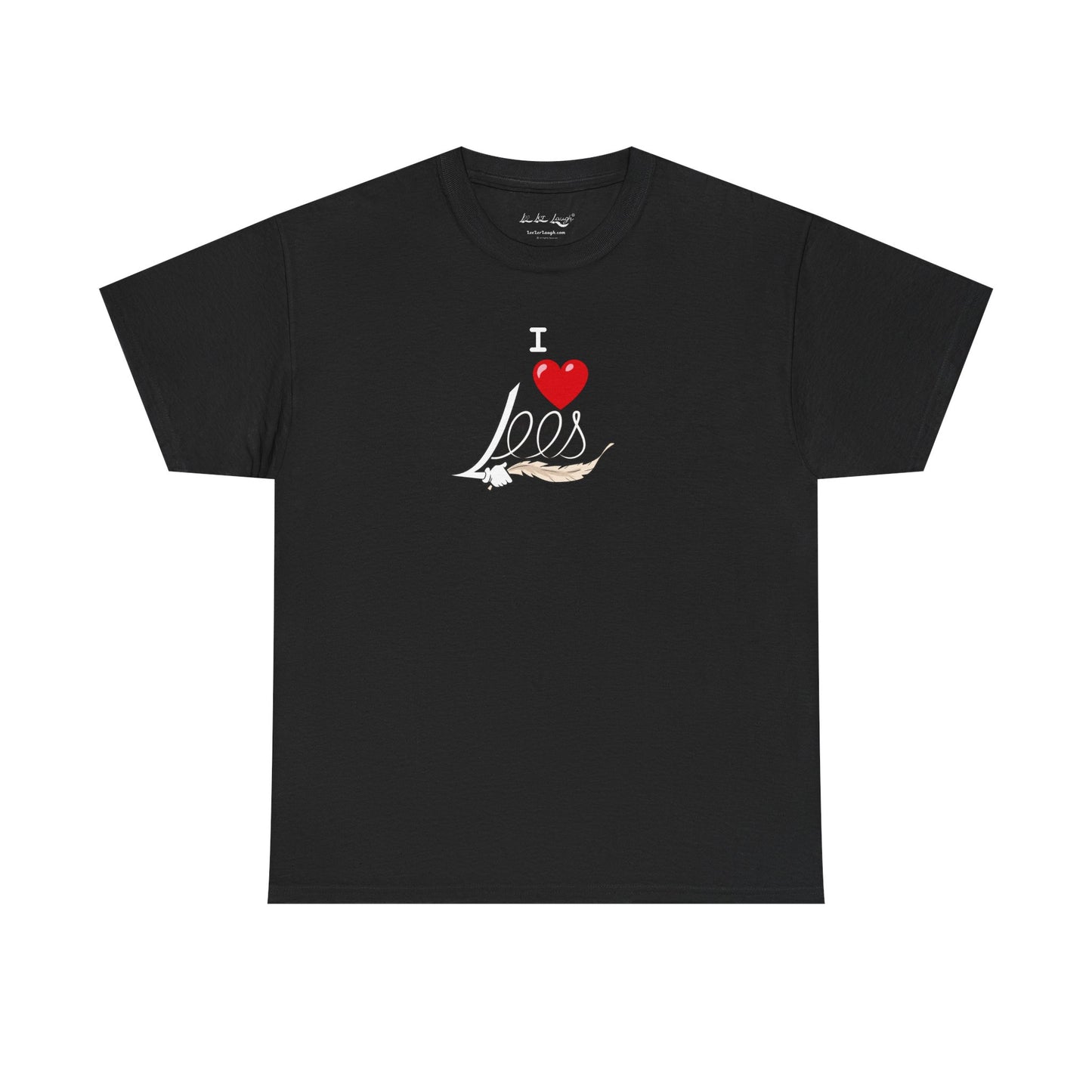 A black men's women's unisex T-shirt featuring a minimalist design on the center chest area for people with a tickling fetish kink. The design includes the word "I Heart Lees" written in an elegant, flowing script, accented with a detailed feather quill. The T-shirt has a classic crew neck and short sleeves, offering a stylish and subtle look for people with a tickle kink.