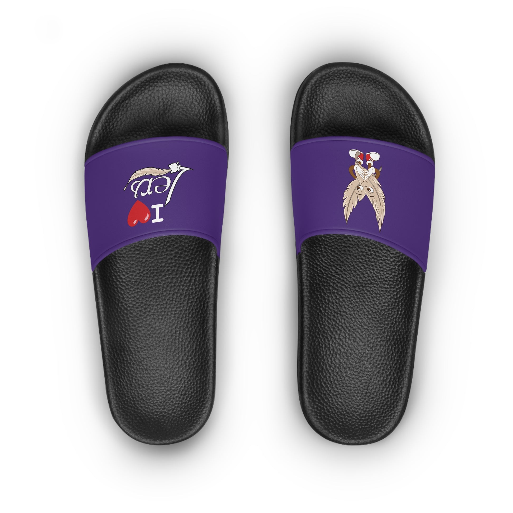 A pair of women's purple slide sandals with unique tickle fetish designs on each strap. The left sandal features a stylized "I ❤️ Lers" text with a feather tickling quill incorporated into the design. The right sandal showcases an intricate emblem with kink feathers.