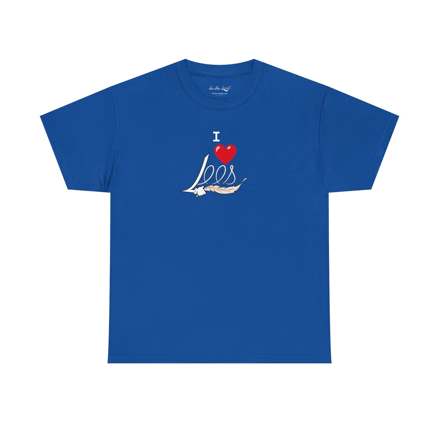 A royal blue men's women's unisex T-shirt featuring a minimalist design on the center chest area for people with a tickling fetish kink. The design includes the word "I Heart Lees" written in an elegant, flowing script, accented with a detailed feather quill. The T-shirt has a classic crew neck and short sleeves, offering a stylish and subtle look for people with a tickle kink.