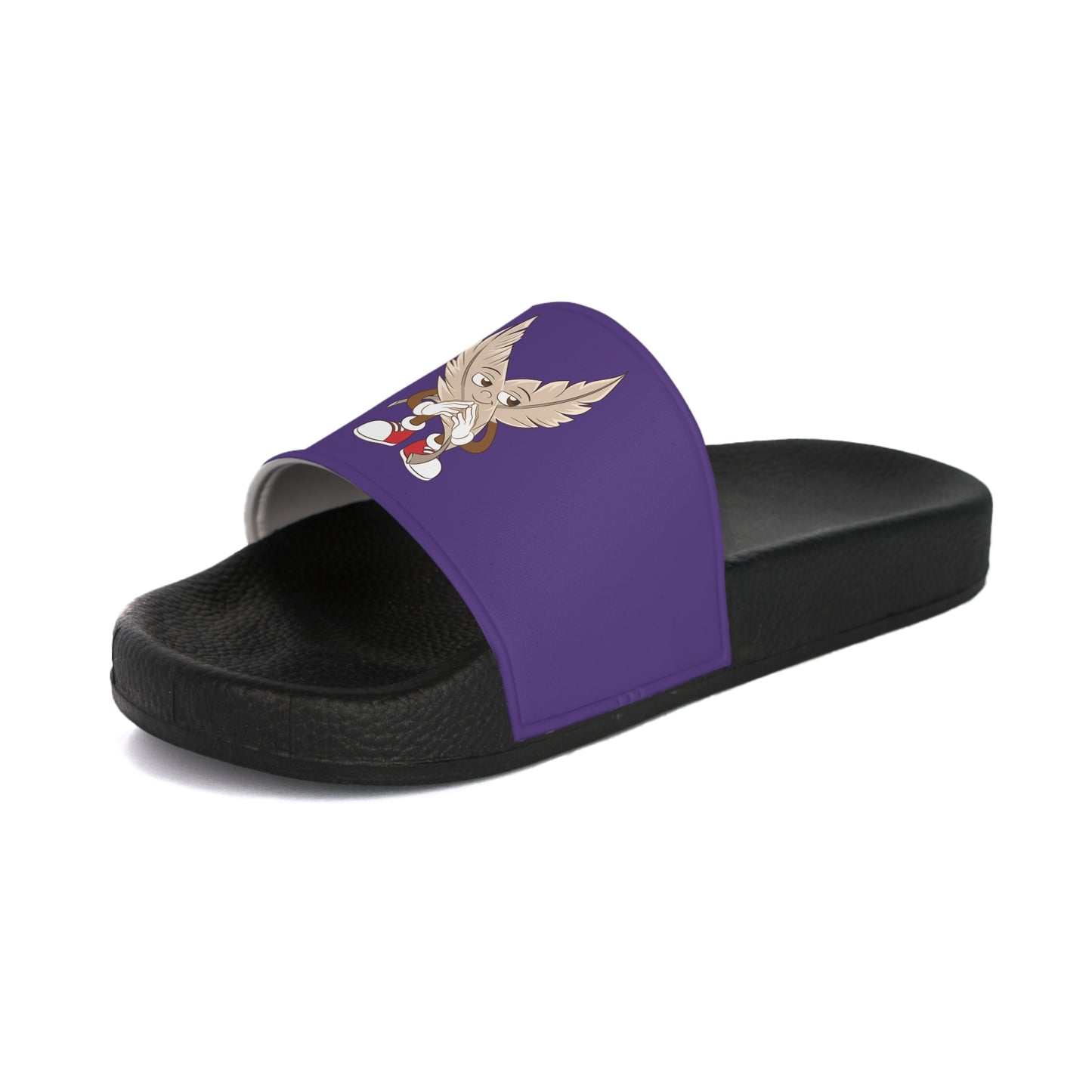 A pair of women's purple slide sandals with unique tickle fetish designs on each strap. The left sandal features a stylized "I ❤️ Lers" text with a feather tickling quill incorporated into the design. The right sandal showcases an intricate emblem with kink feathers.