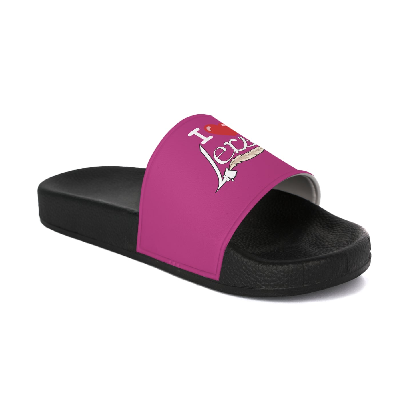 A pair of women's pink slide sandals with unique tickle fetish designs on each strap. The left sandal features a stylized "I ❤️ Lers" text with a feather tickling quill incorporated into the design. The right sandal showcases an intricate emblem with kink feathers.