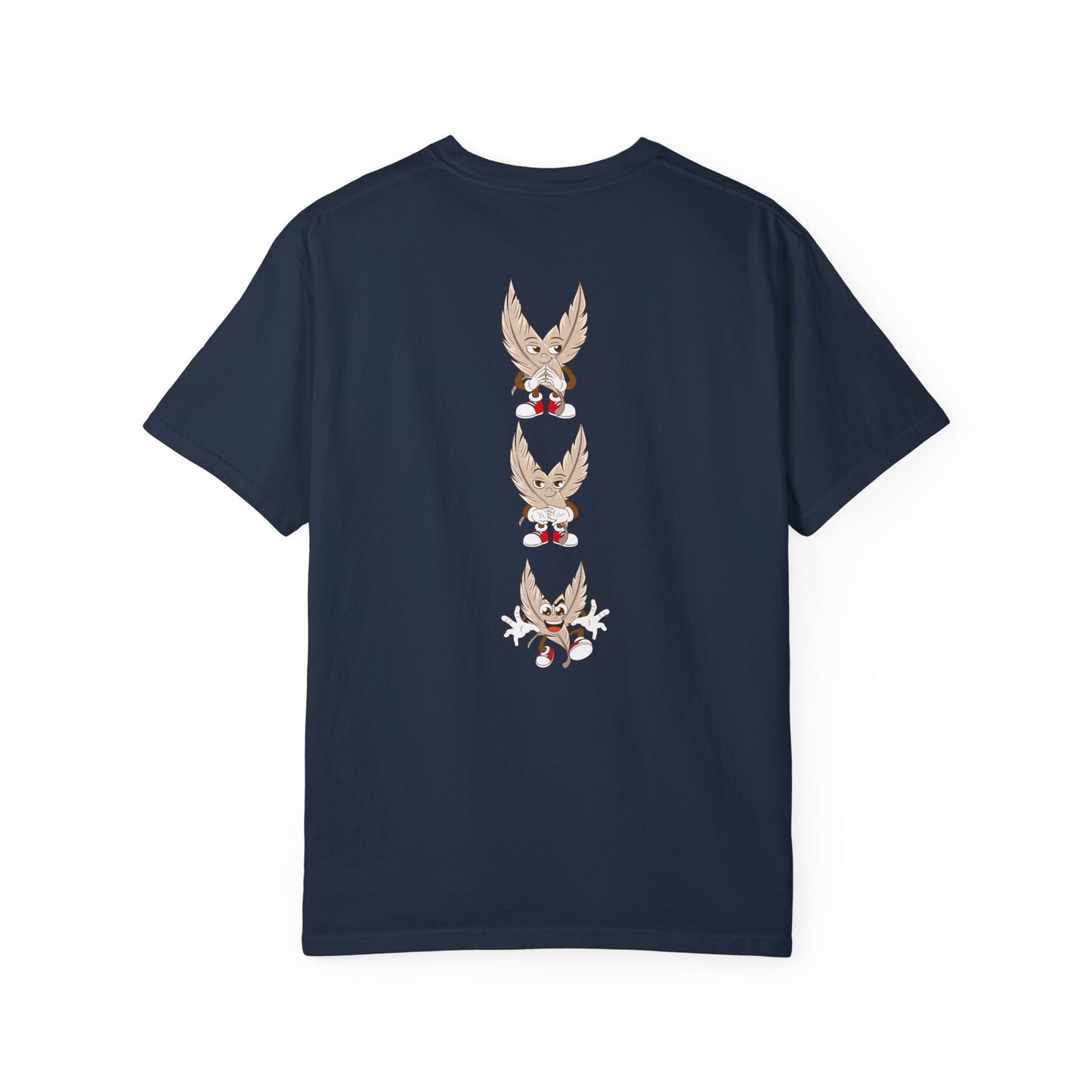 A navy blue T-shirt featuring a vertical design on the back with three identical anime tickle fetish kink cartoon characters stacked on top of each other. The characters have large feathered wings, expressive faces, and wear red sneakers. Each character displays a different playful expression or pose, adding a dynamic and fun element to the design. The T-shirt has a classic crew neck and short sleeves, offering a stylish and comfortable look for those who enjoy tickling.