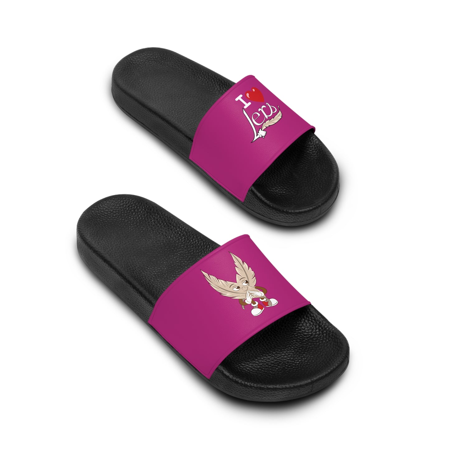 A pair of women's pink slide sandals with unique tickle fetish designs on each strap. The left sandal features a stylized "I ❤️ Lers" text with a feather tickling quill incorporated into the design. The right sandal showcases an intricate emblem with kink feathers.