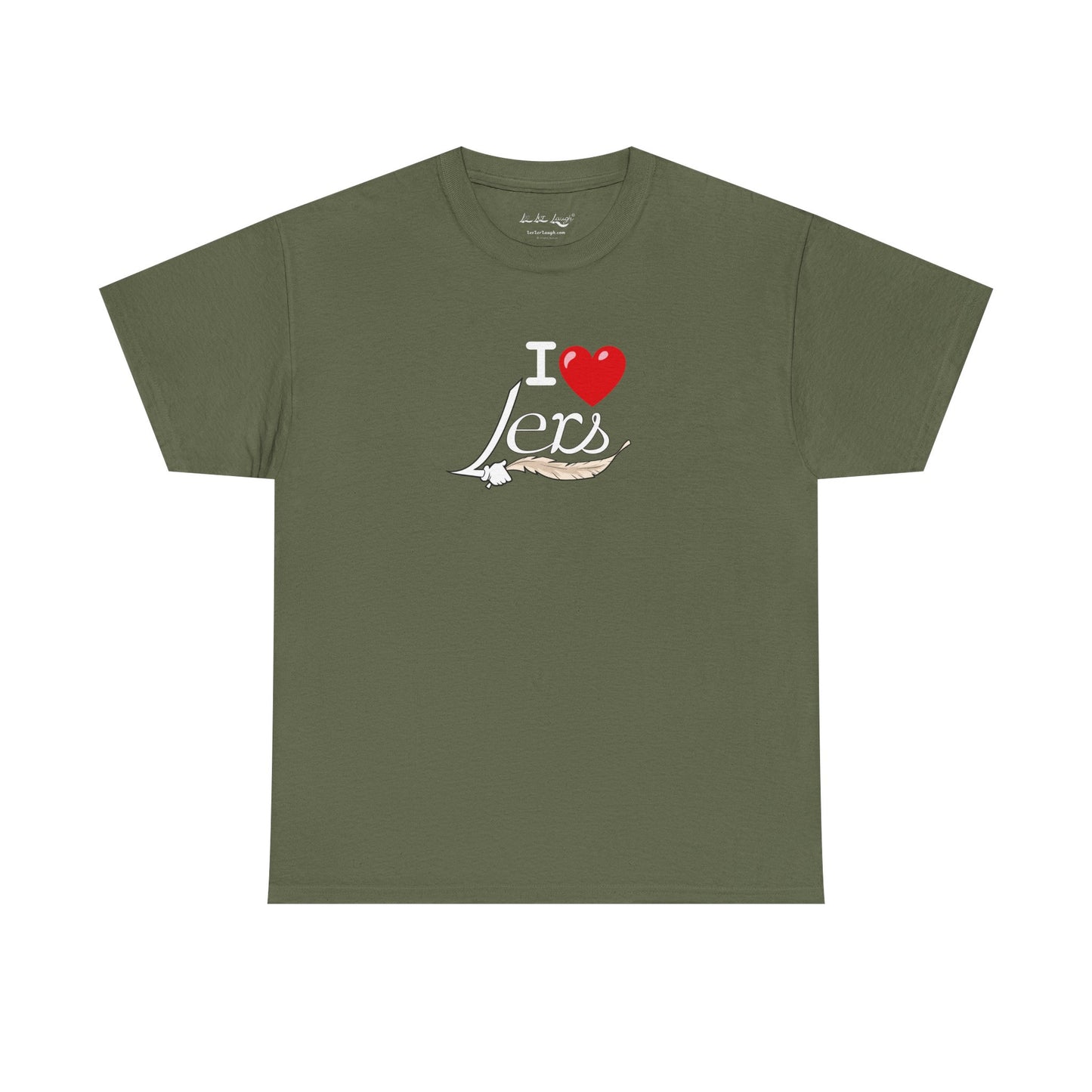 A green men's women's unisex T-shirt featuring a minimalist design on the center chest area for people with a tickling fetish kink. The design includes the word "I Heart Lers" written in an elegant, flowing script, accented with a detailed feather quill. The T-shirt has a classic crew neck and short sleeves, offering a stylish and subtle look for people with a tickle kink.