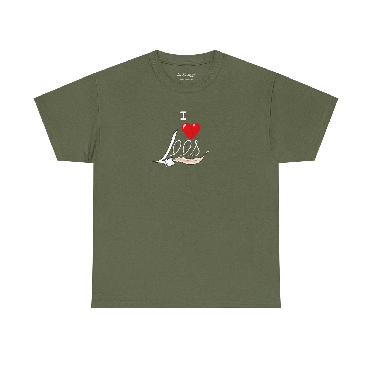 A green men's women's unisex T-shirt featuring a minimalist design on the center chest area for people with a tickling fetish kink. The design includes the word "I Heart Lees" written in an elegant, flowing script, accented with a detailed feather quill. The T-shirt has a classic crew neck and short sleeves, offering a stylish and subtle look for people with a tickle kink.