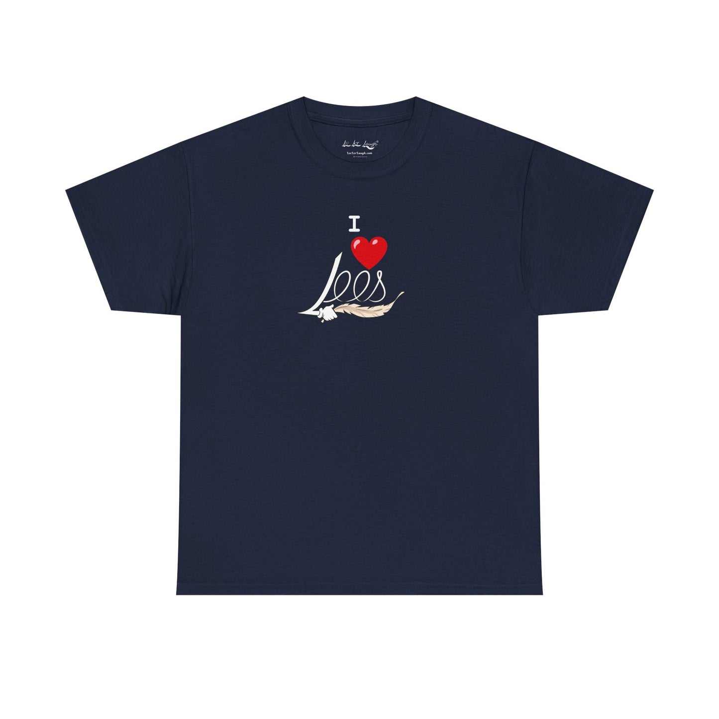 A navy blue men's women's unisex T-shirt featuring a minimalist design on the center chest area for people with a tickling fetish kink. The design includes the word "I Heart Lees" written in an elegant, flowing script, accented with a detailed feather quill. The T-shirt has a classic crew neck and short sleeves, offering a stylish and subtle look for people with a tickle kink.