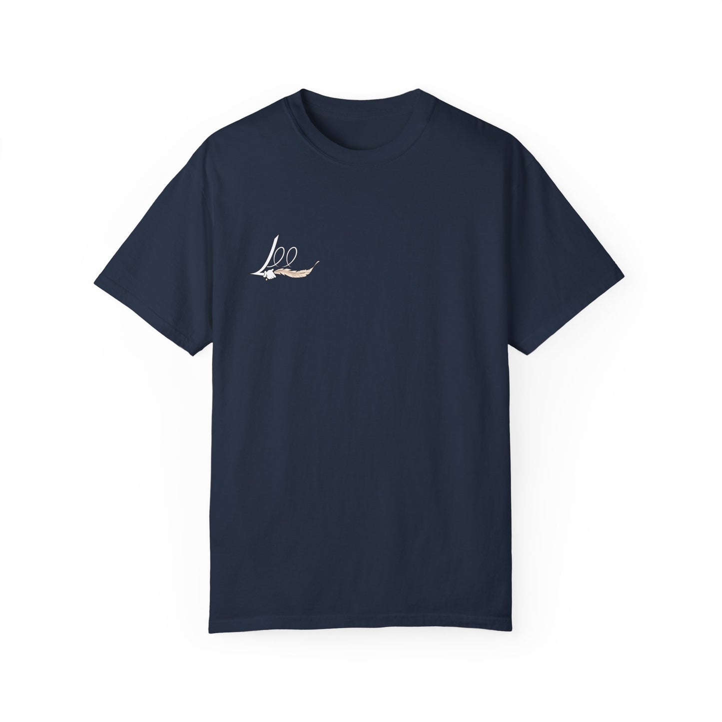 A navy blue men's women's unisex T-shirt featuring a minimalist design on the upper left chest area for people with a tickling fetish kink. The design includes the word "Lee" written in an elegant, flowing script, accented with a detailed feather quill. The T-shirt has a classic crew neck and short sleeves, offering a stylish and subtle look.