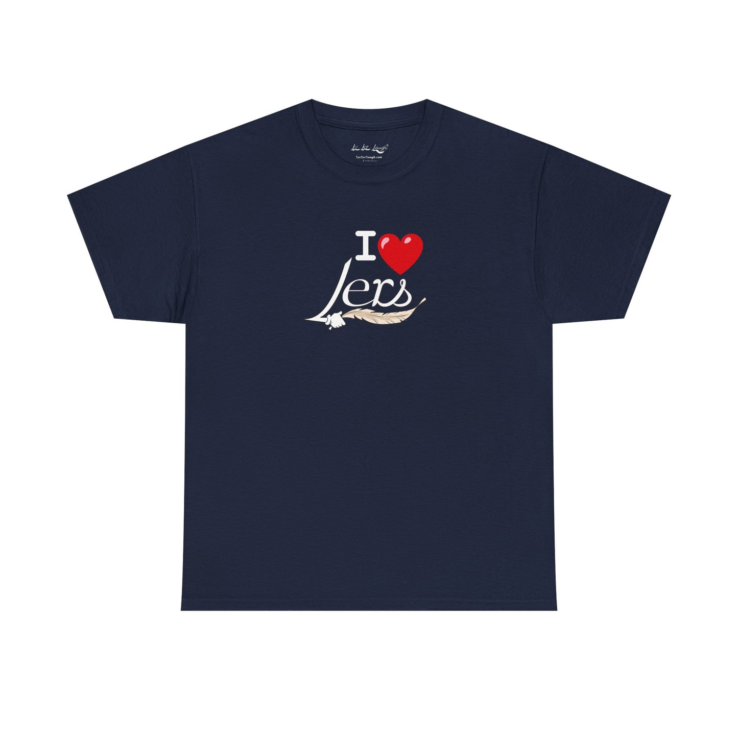 A navy blue men's women's unisex T-shirt featuring a minimalist design on the center chest area for people with a tickling fetish kink. The design includes the word "I Heart Lers" written in an elegant, flowing script, accented with a detailed feather quill. The T-shirt has a classic crew neck and short sleeves, offering a stylish and subtle look for people with a tickle kink.