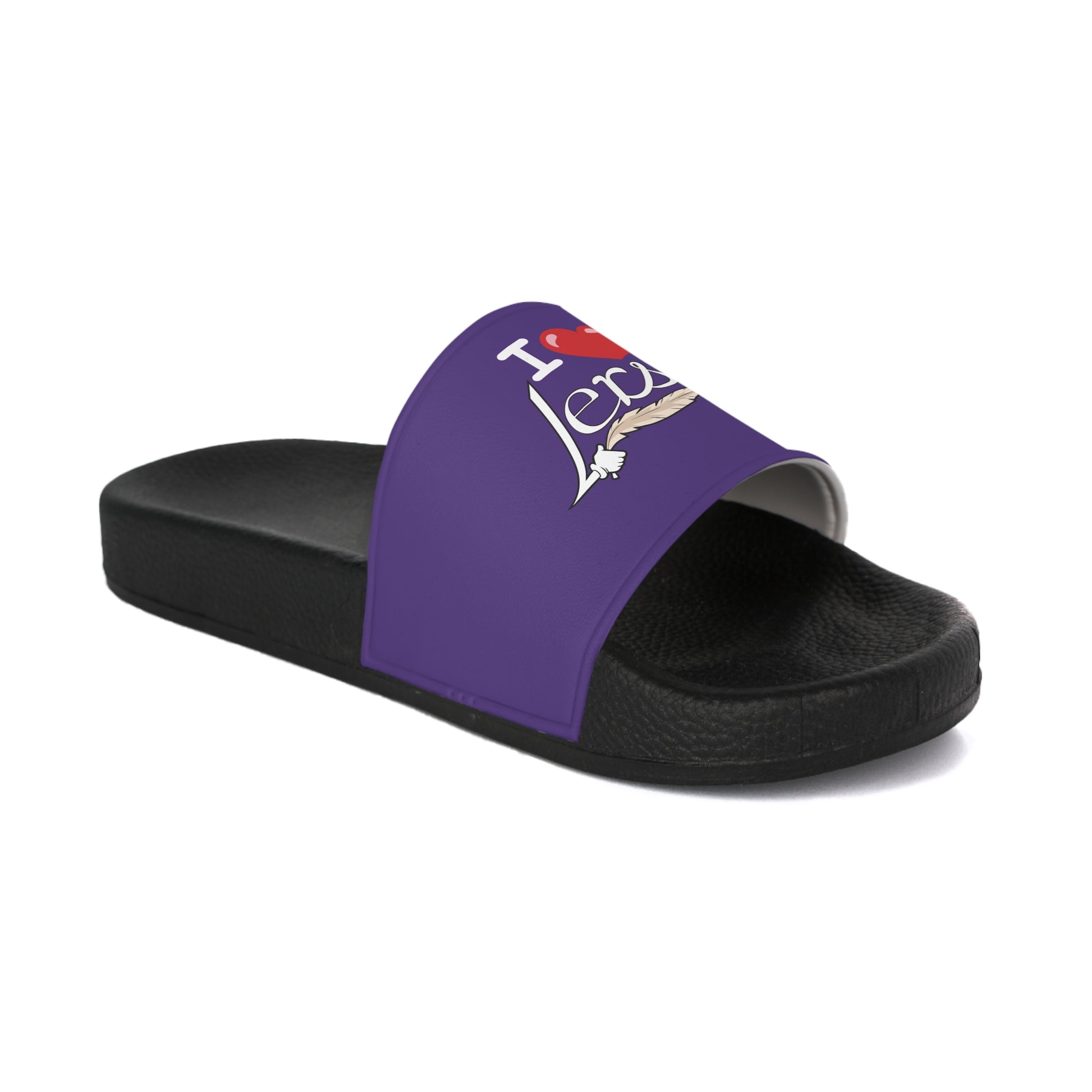 A pair of women's purple slide sandals with unique tickle fetish designs on each strap. The left sandal features a stylized "I ❤️ Lers" text with a feather tickling quill incorporated into the design. The right sandal showcases an intricate emblem with kink feathers.