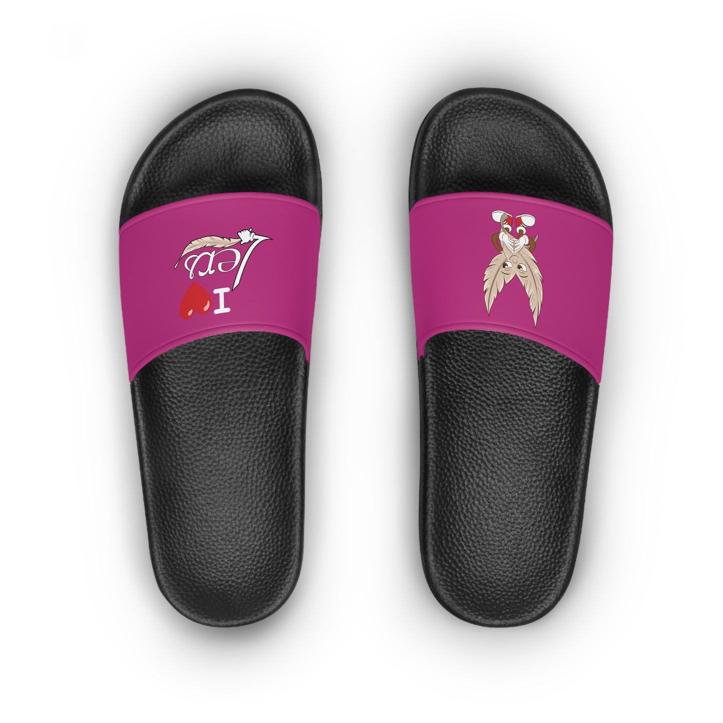 A pair of women's pink slide sandals with unique tickle fetish designs on each strap. The left sandal features a stylized "I ❤️ Lers" text with a feather tickling quill incorporated into the design. The right sandal showcases an intricate emblem with kink feathers.