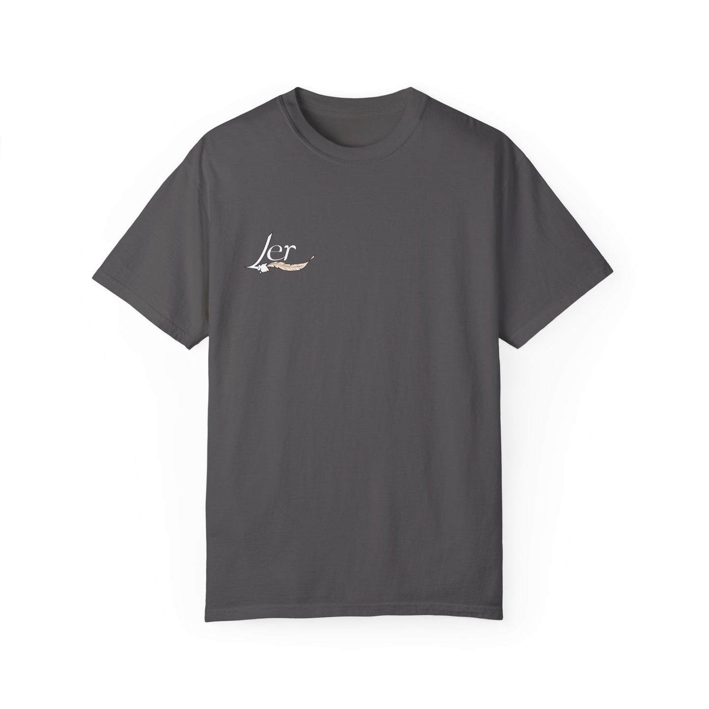 A gray men's women's unisex T-shirt featuring a minimalist design on the upper left chest area for people with a tickling fetish kink. The design includes the word "Ler" written in an elegant, flowing script, accented with a detailed feather quill. The T-shirt has a classic crew neck and short sleeves, offering a stylish and subtle look for people who like to tickle.