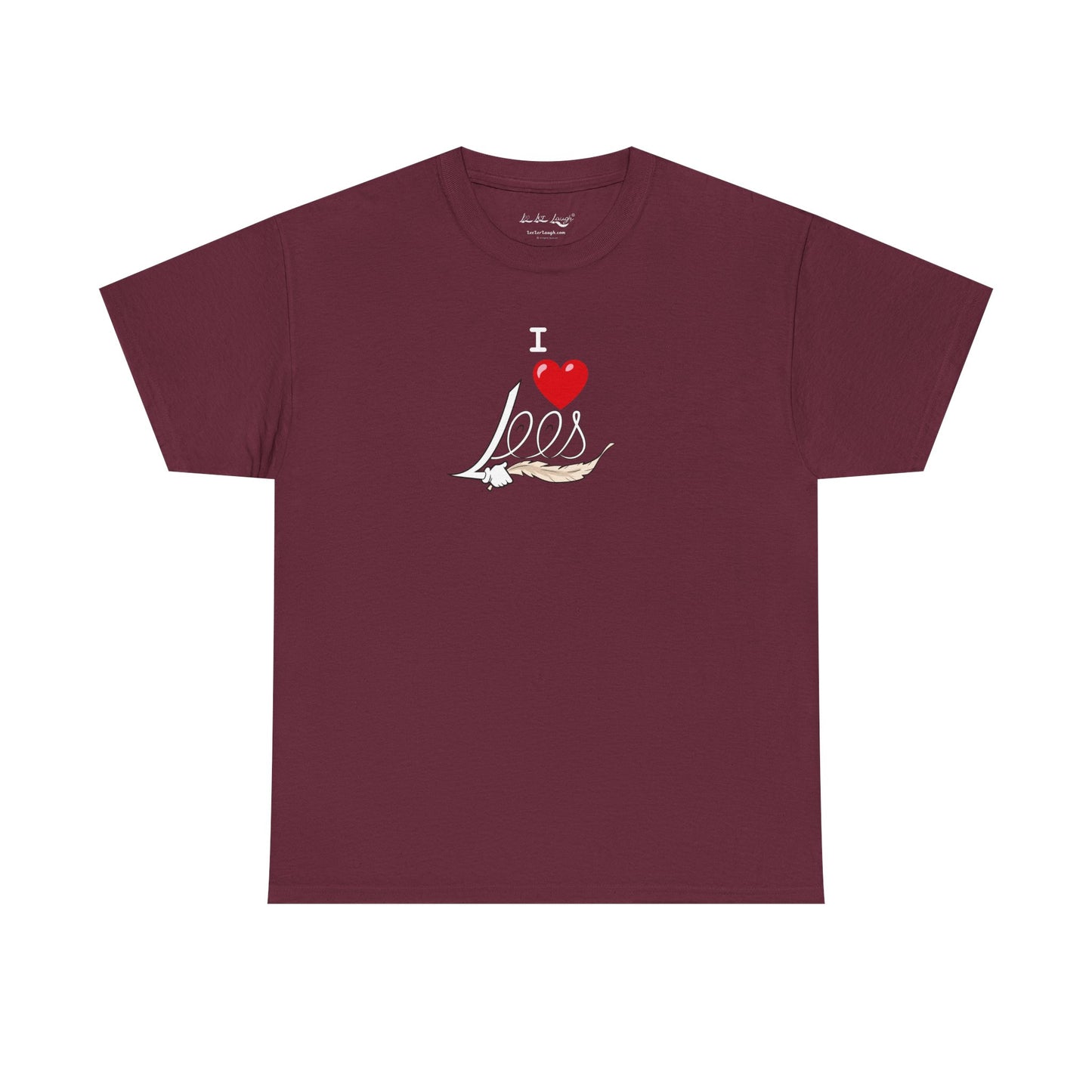 A maroon men's women's unisex T-shirt featuring a minimalist design on the center chest area for people with a tickling fetish kink. The design includes the word "I Heart Lees" written in an elegant, flowing script, accented with a detailed feather quill. The T-shirt has a classic crew neck and short sleeves, offering a stylish and subtle look for people with a tickle kink.