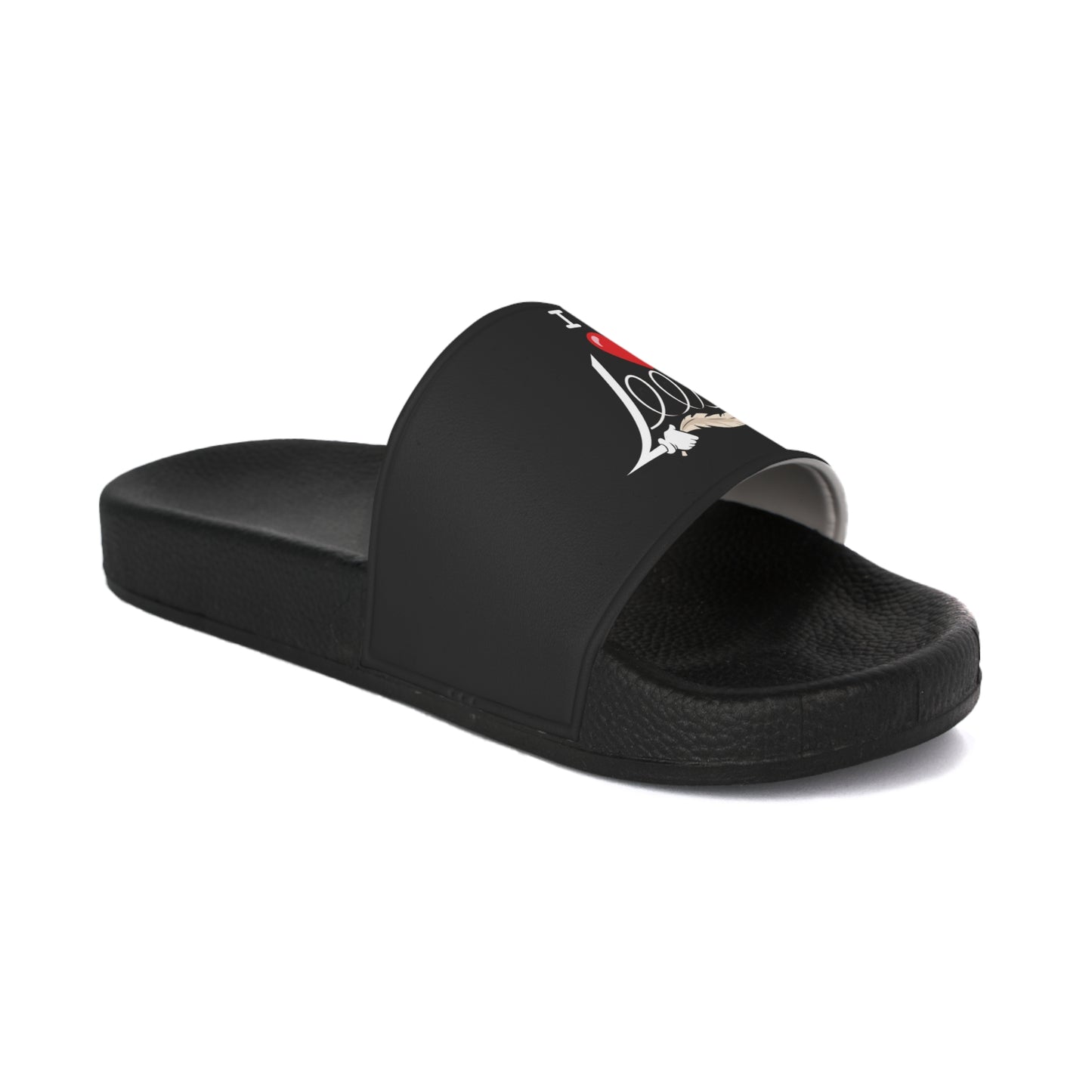 A pair of men's black slide sandals with unique tickle fetish designs on each strap. The left sandal features a stylized "I ❤️ Lers" text with a feather tickling quill incorporated into the design. The right sandal showcases an intricate emblem with kink feathers.