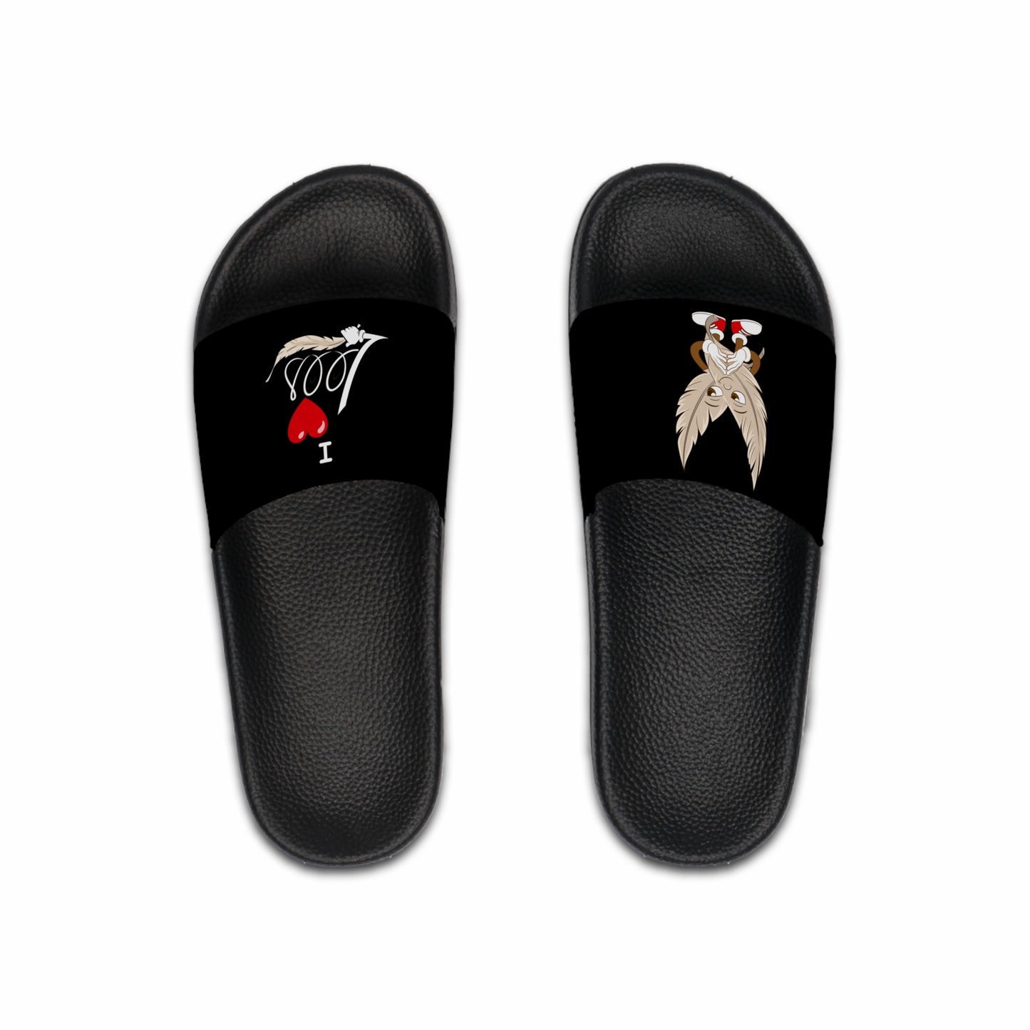 A pair of men's black slide sandals with unique tickle fetish designs on each strap. The left sandal features a stylized "I ❤️ Lers" text with a feather tickling quill incorporated into the design. The right sandal showcases an intricate emblem with kink feathers.