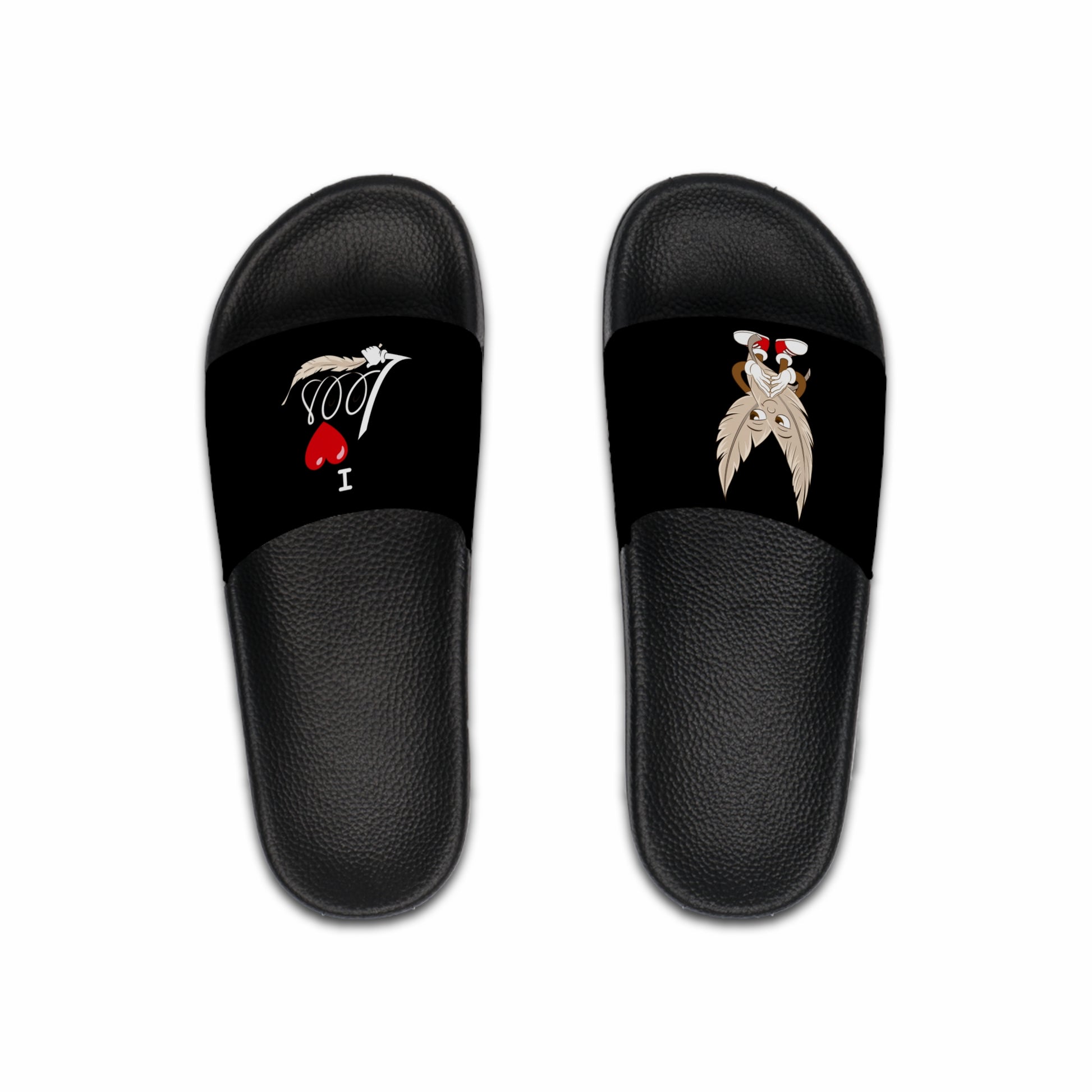 A pair of men's black slide sandals with unique tickle fetish designs on each strap. The left sandal features a stylized "I ❤️ Lers" text with a feather tickling quill incorporated into the design. The right sandal showcases an intricate emblem with kink feathers.