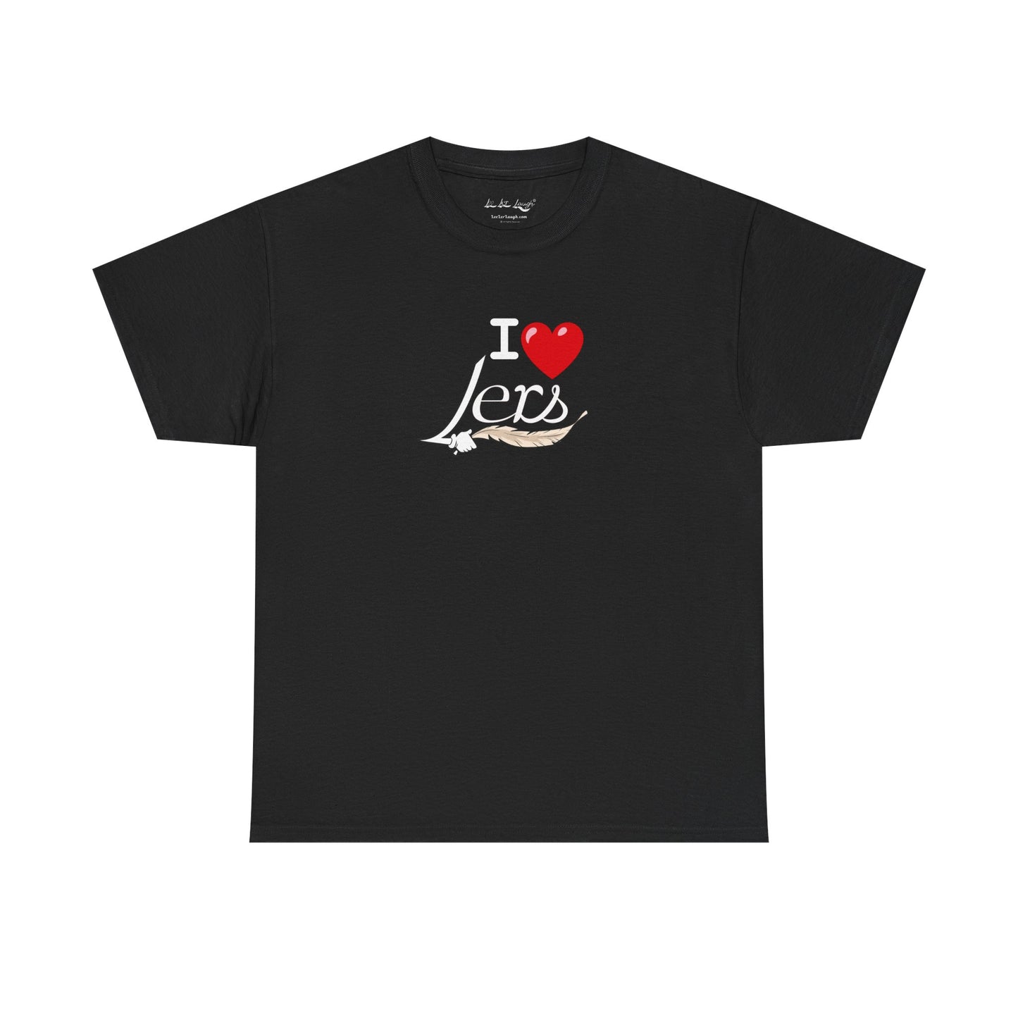 A black men's women's unisex T-shirt featuring a minimalist design on the center chest area for people with a tickling fetish kink. The design includes the word "I Heart Lers" written in an elegant, flowing script, accented with a detailed feather quill. The T-shirt has a classic crew neck and short sleeves, offering a stylish and subtle look for people with a tickle kink.