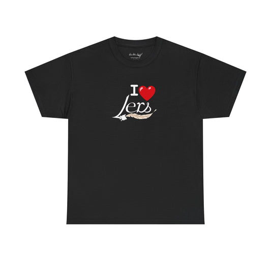 A black men's women's unisex T-shirt featuring a minimalist design on the center chest area for people with a tickling fetish kink. The design includes the word "I Heart Lers" written in an elegant, flowing script, accented with a detailed feather quill. The T-shirt has a classic crew neck and short sleeves, offering a stylish and subtle look for people with a tickle kink.