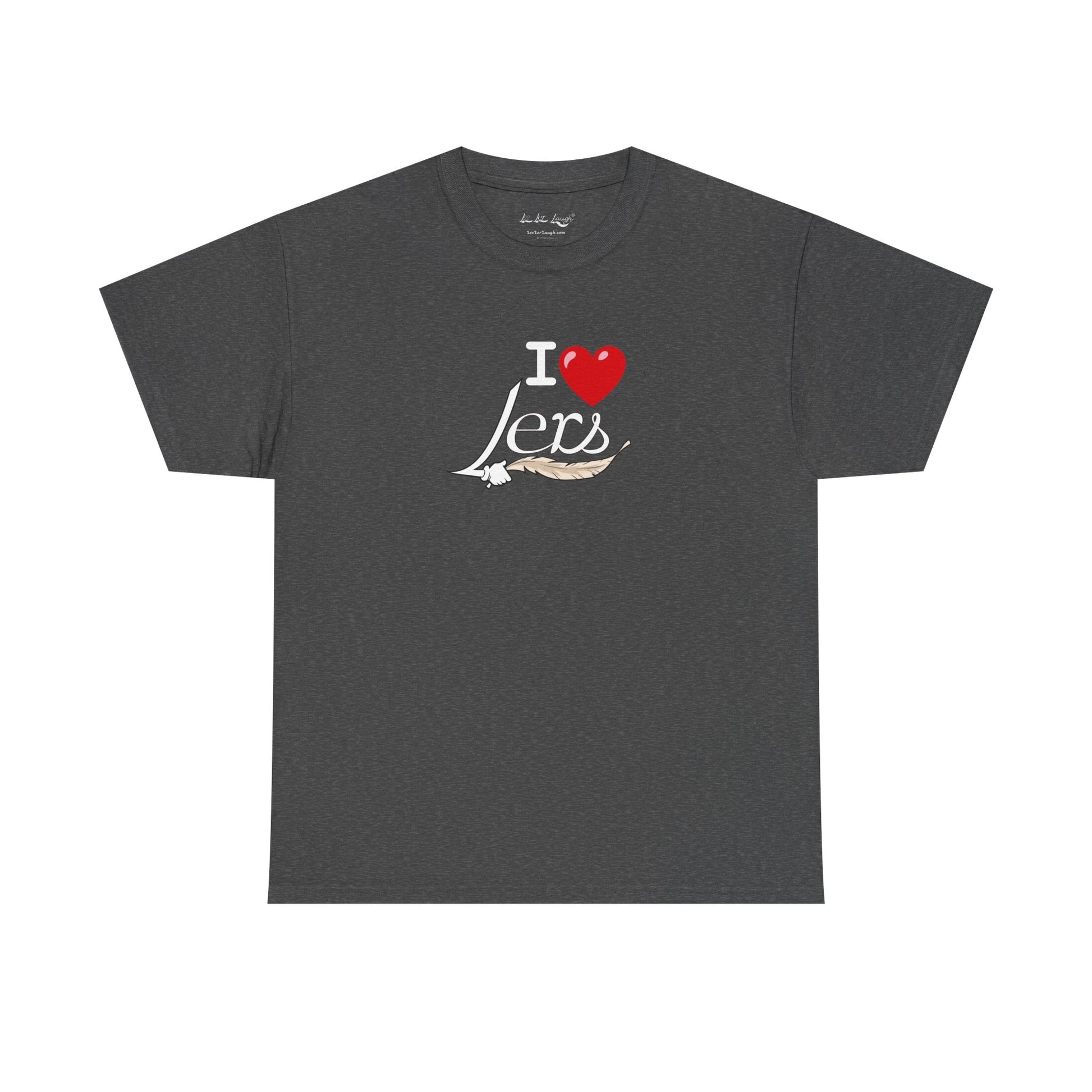 A gray men's women's unisex T-shirt featuring a minimalist design on the center chest area for people with a tickling fetish kink. The design includes the word "I Heart Lers" written in an elegant, flowing script, accented with a detailed feather quill. The T-shirt has a classic crew neck and short sleeves, offering a stylish and subtle look for people with a tickle kink.