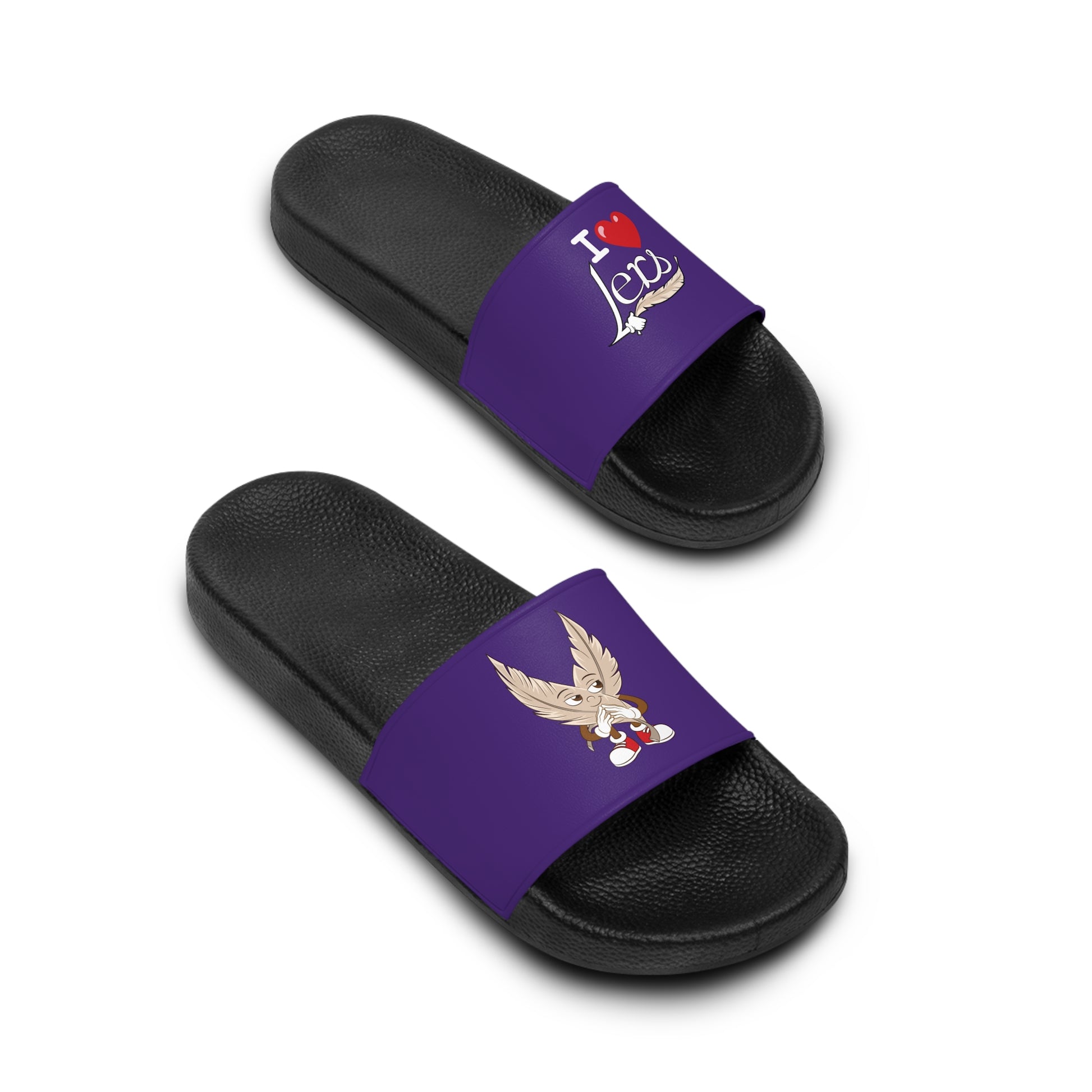 A pair of women's purple slide sandals with unique tickle fetish designs on each strap. The left sandal features a stylized "I ❤️ Lers" text with a feather tickling quill incorporated into the design. The right sandal showcases an intricate emblem with kink feathers.