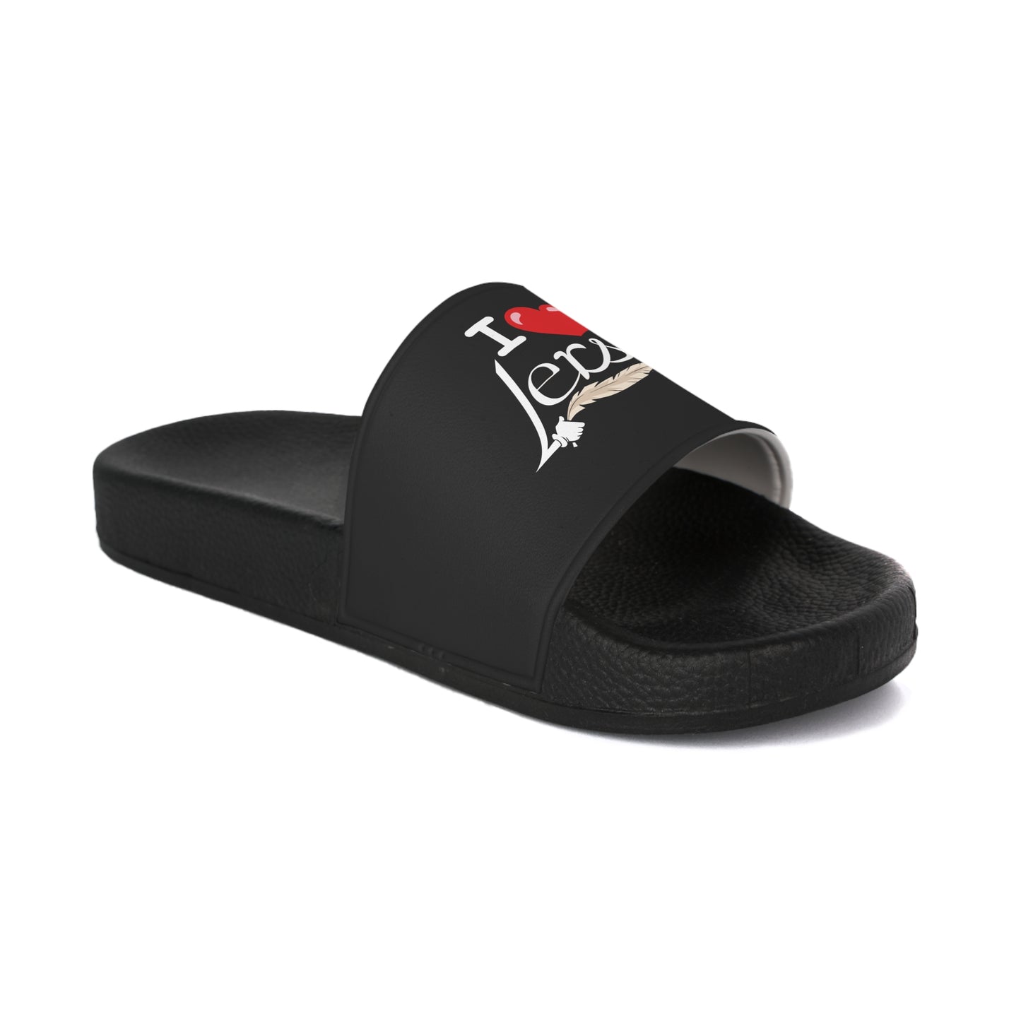 A pair of women's black slide sandals with unique tickle fetish designs on each strap. The left sandal features a stylized "I ❤️ Lers" text with a feather tickling quill incorporated into the design. The right sandal showcases an intricate emblem with kink feathers.