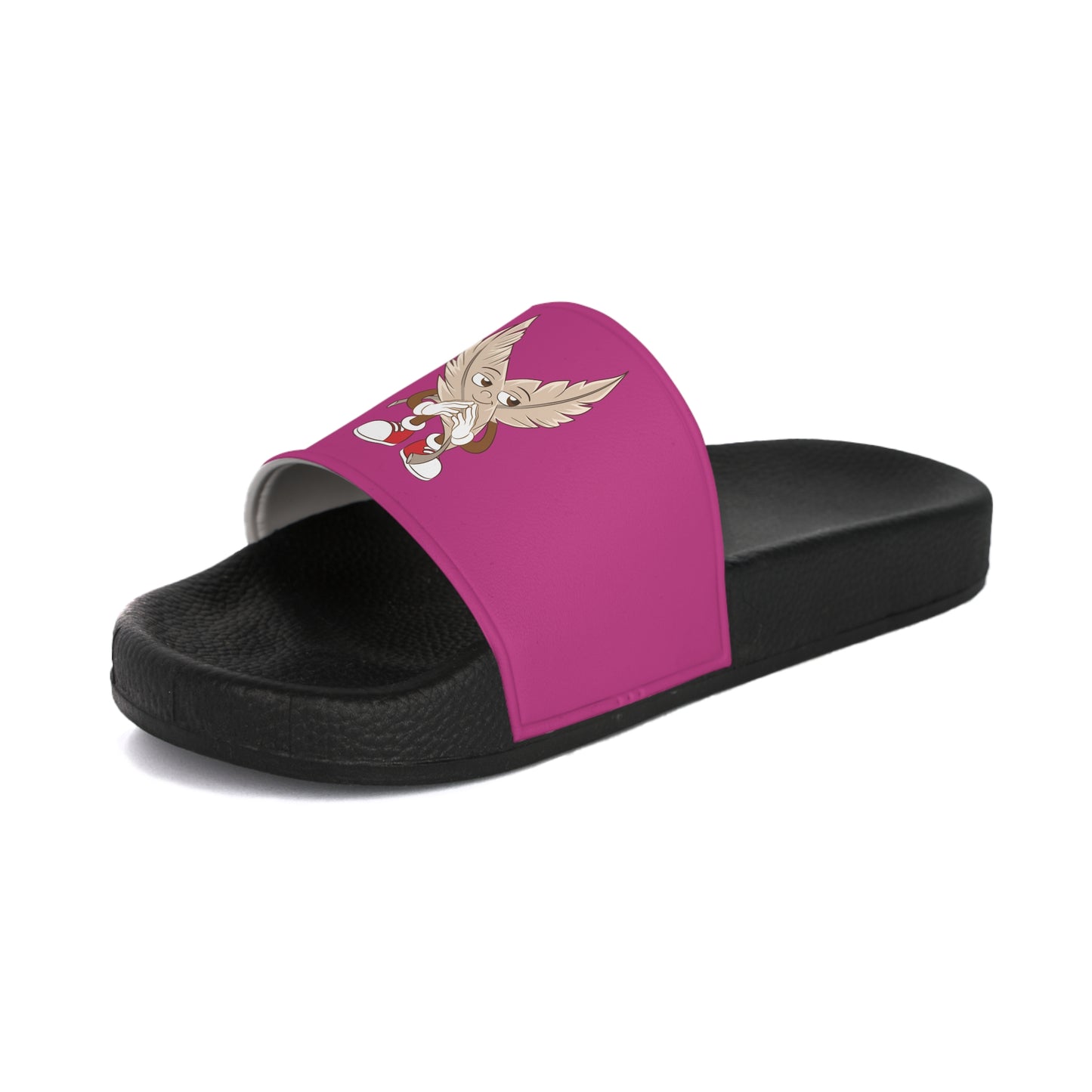 A pair of women's pink slide sandals with unique tickle fetish designs on each strap. The left sandal features a stylized "I ❤️ Lers" text with a feather tickling quill incorporated into the design. The right sandal showcases an intricate emblem with kink feathers.