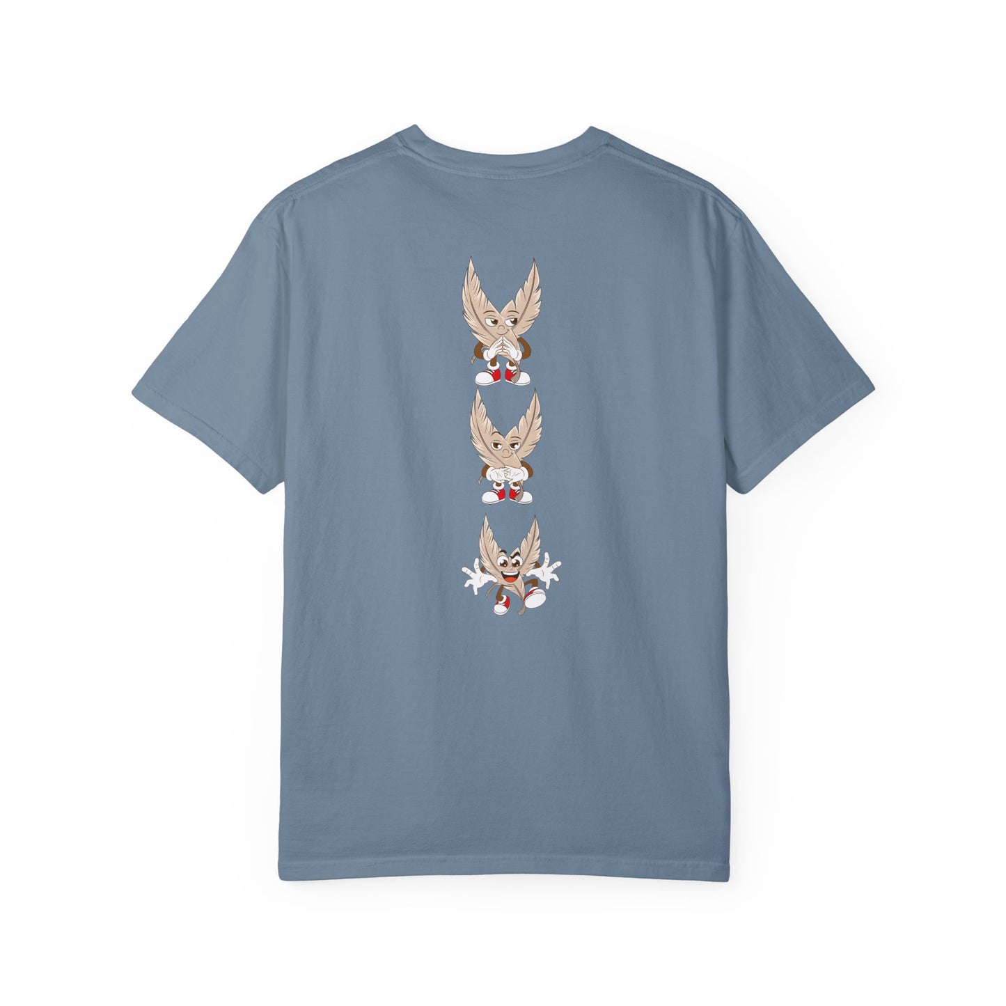 A light blue T-shirt featuring a vertical design on the back with three identical anime tickle fetish kink cartoon characters stacked on top of each other. The characters have large feathered wings, expressive faces, and wear red sneakers. Each character displays a different playful expression or pose, adding a dynamic and fun element to the design. The T-shirt has a classic crew neck and short sleeves, offering a stylish and comfortable look for those who enjoy tickling.