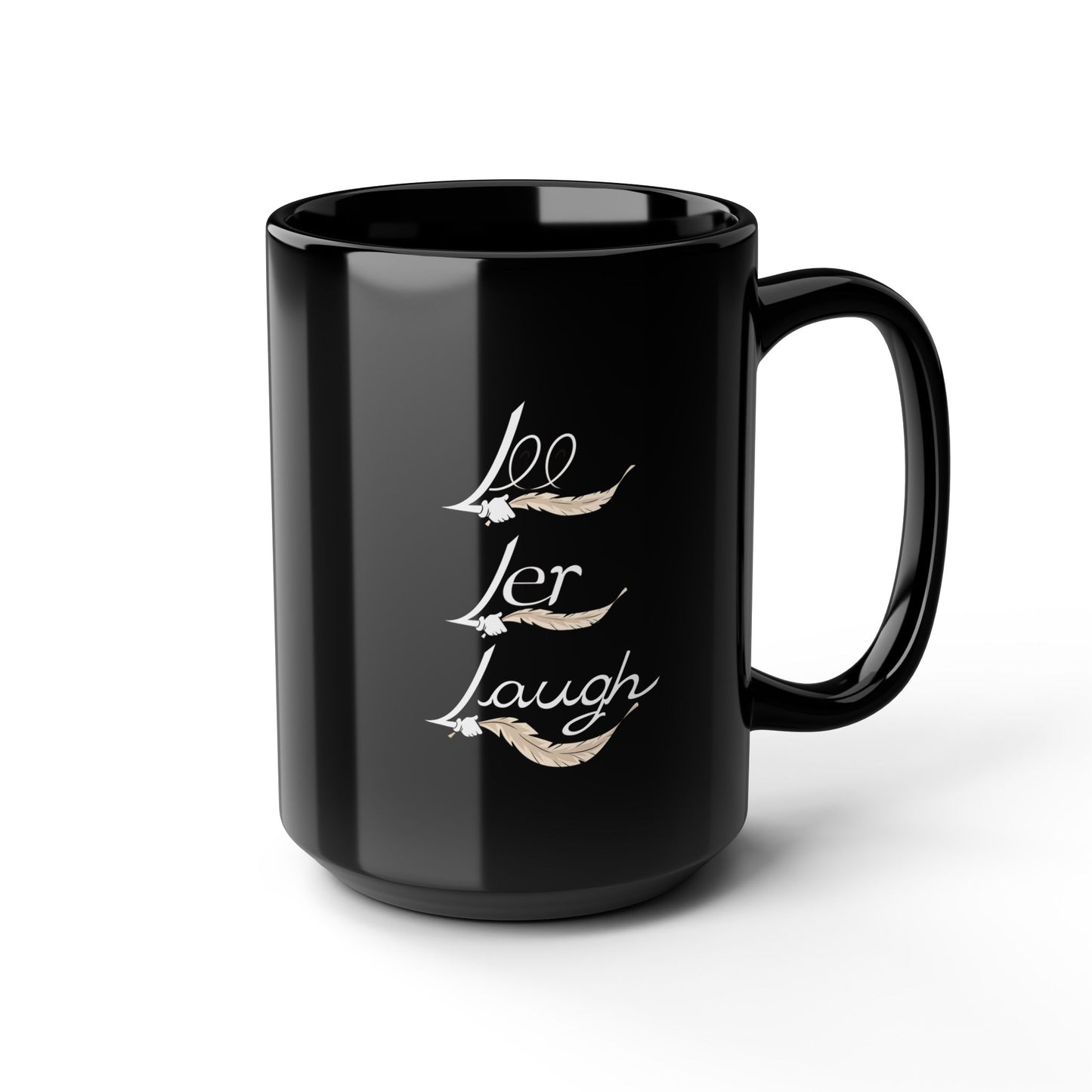 A pair of black ceramic mugs with unique designs on each side. One mug features a tickle fetish cartoon character with large tickling feathered wings, wearing red sneakers and holding a steaming cup of tea, with the words "T-Time" above it. The other mug showcases the phrase "Lee Ler Laugh" written. The mugs have a glossy finish and a sturdy handle, giving them a sleek and stylish appearance for tickling kink.