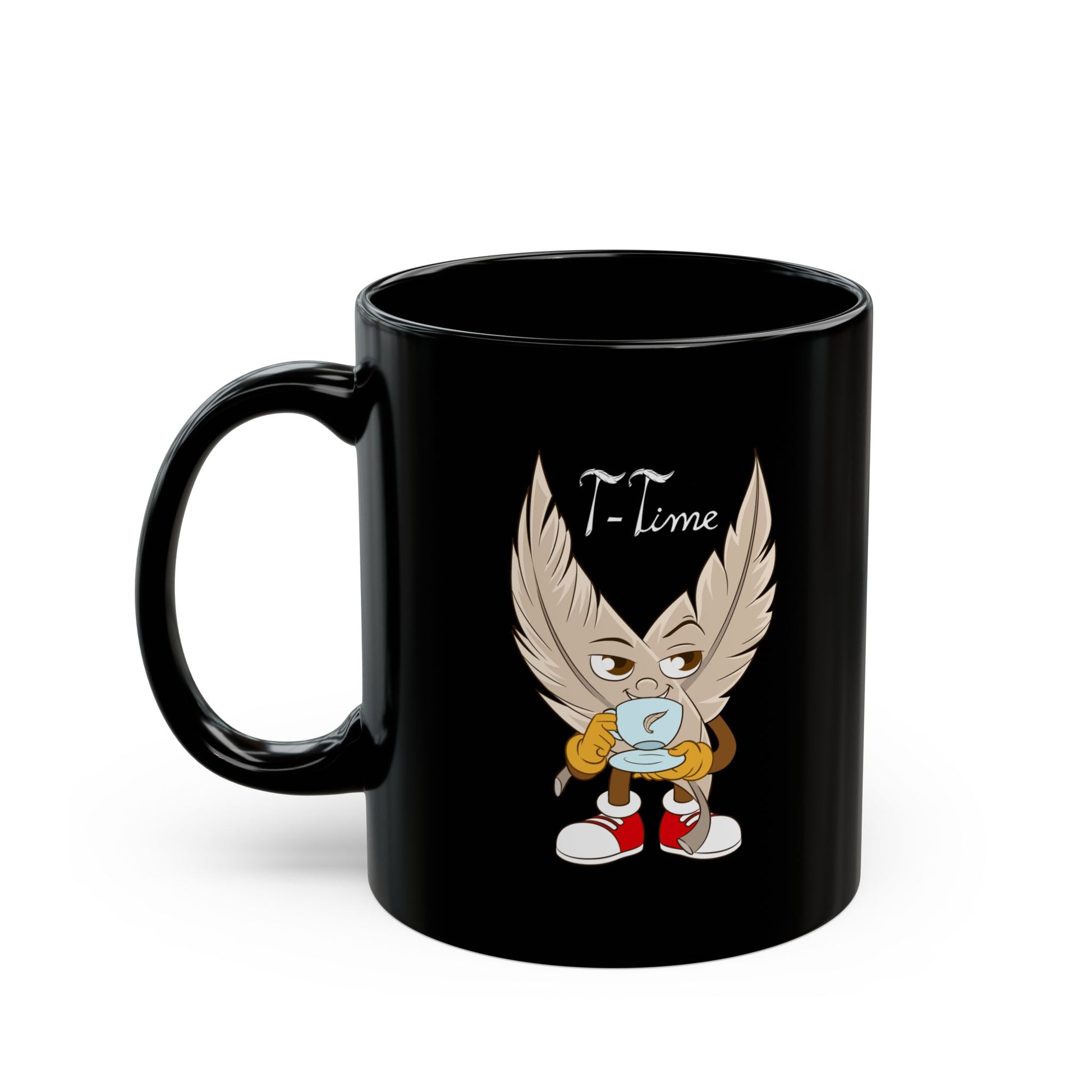 A pair of black ceramic mugs with unique designs on each side. One mug features a tickle fetish cartoon character with large tickling feathered wings, wearing red sneakers and holding a steaming cup of tea, with the words "T-Time" above it. The other mug showcases the phrase "Lee Ler Laugh" written. The mugs have a glossy finish and a sturdy handle, giving them a sleek and stylish appearance for tickling kink.