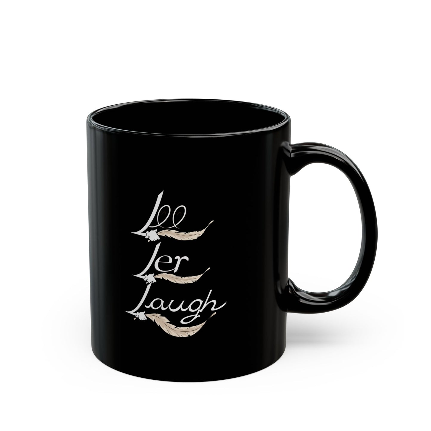 A pair of black ceramic mugs with unique designs on each side. One mug features a tickle fetish cartoon character with large tickling feathered wings, wearing red sneakers and holding a steaming cup of tea, with the words "T-Time" above it. The other mug showcases the phrase "Lee Ler Laugh" written. The mugs have a glossy finish and a sturdy handle, giving them a sleek and stylish appearance for tickling kink.