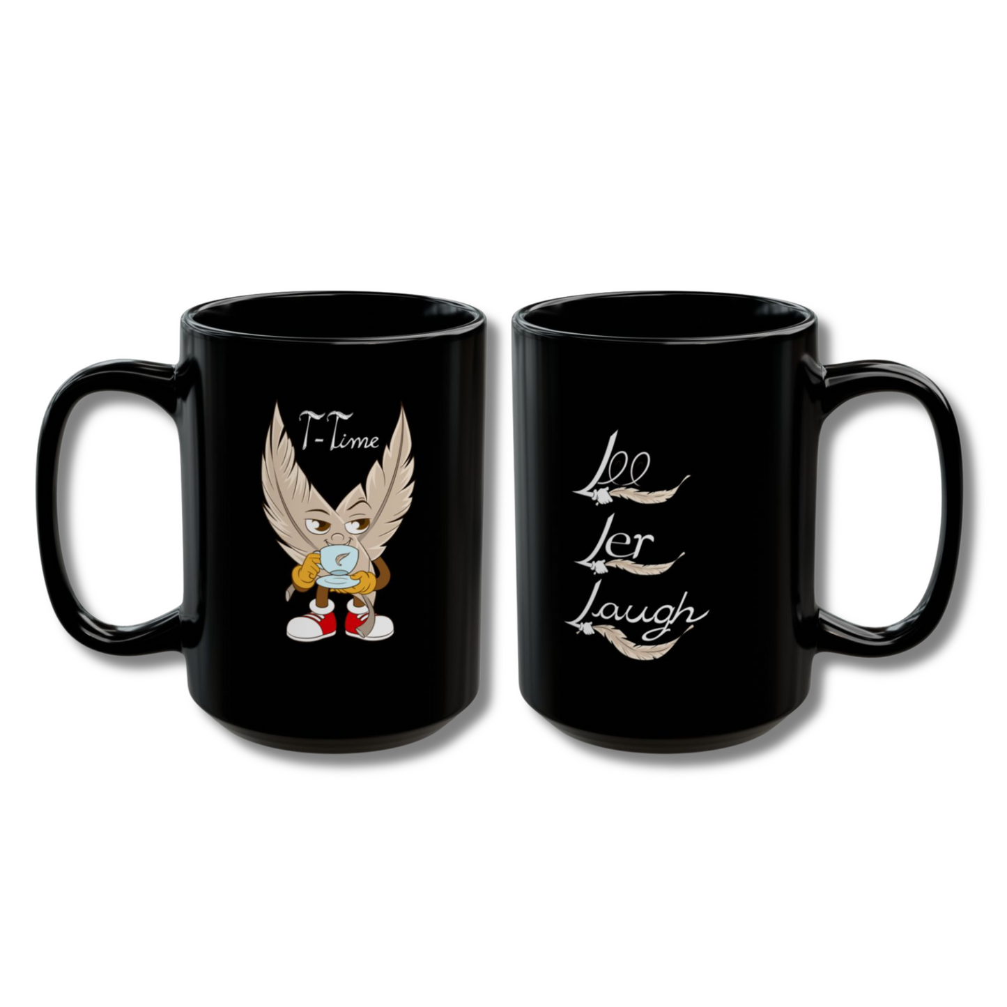 A pair of black ceramic mugs with unique designs on each side. One mug features a tickle fetish cartoon character with large tickling feathered wings, wearing red sneakers and holding a steaming cup of tea, with the words "T-Time" above it. The other mug showcases the phrase "Lee Ler Laugh" written. The mugs have a glossy finish and a sturdy handle, giving them a sleek and stylish appearance for tickling kink.