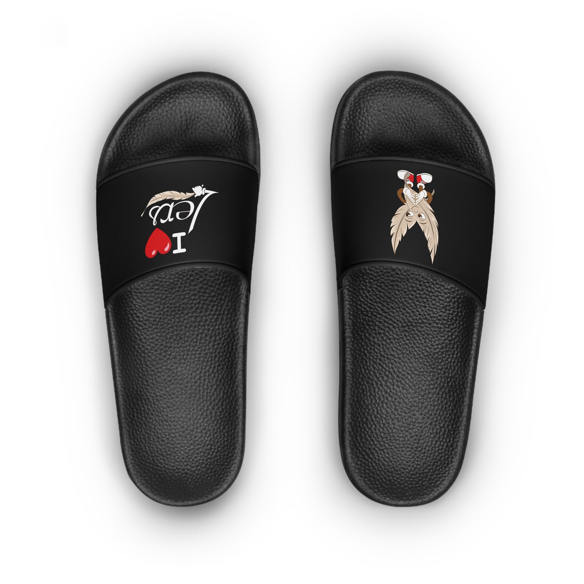 A pair of women's black slide sandals with unique tickle fetish designs on each strap. The left sandal features a stylized "I ❤️ Lers" text with a feather tickling quill incorporated into the design. The right sandal showcases an intricate emblem with kink feathers.